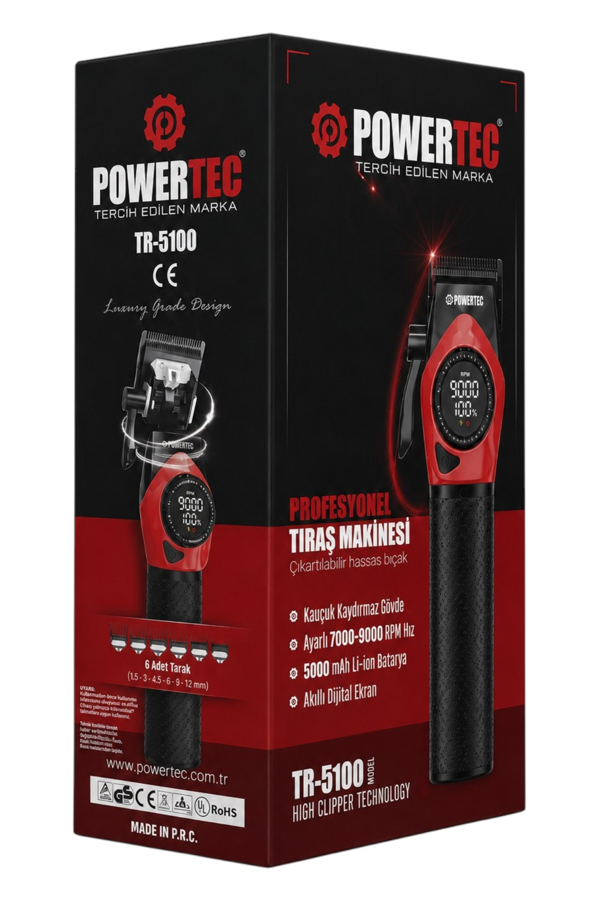 Powertec TR-5100 saç kesme makinesinin siyah ve kırmızı kutusu, ürün görselleri.