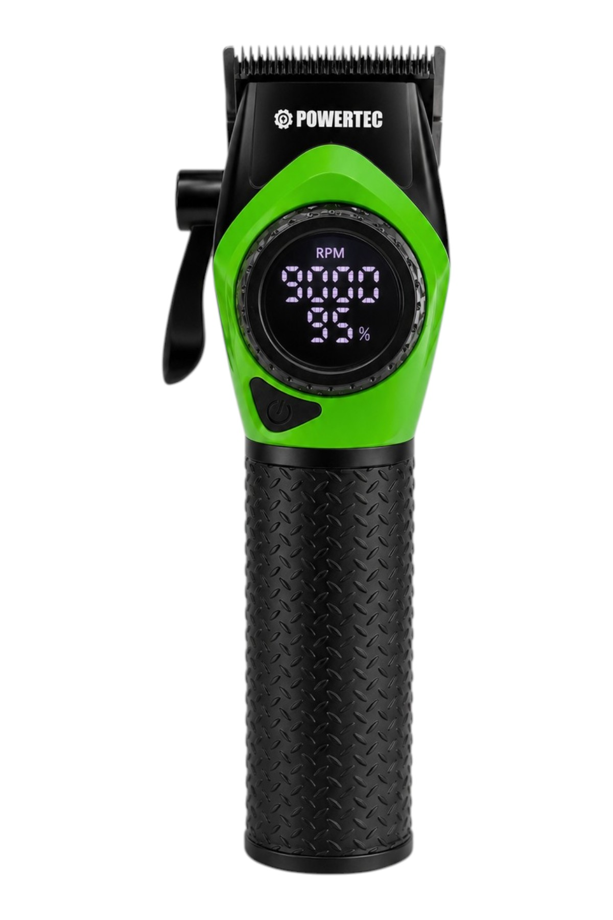 Dijital RPM ekranlı ve dokulu saplı siyah ve yeşil saç kesme makinesi.