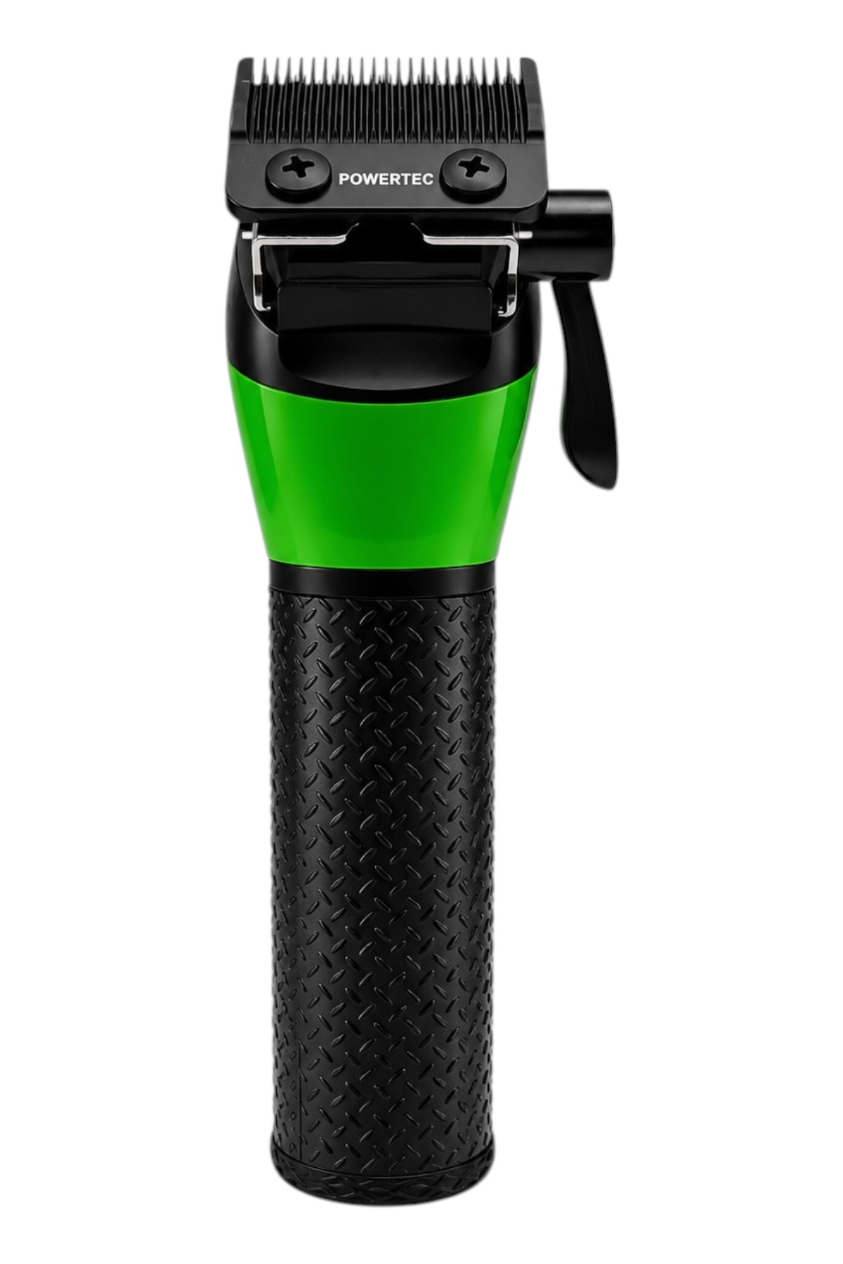 Beyaz arka planda, dokulu sapa ve bıçaklarında Powertec logosuna sahip yeşil ve siyah saç kesme makinesi.