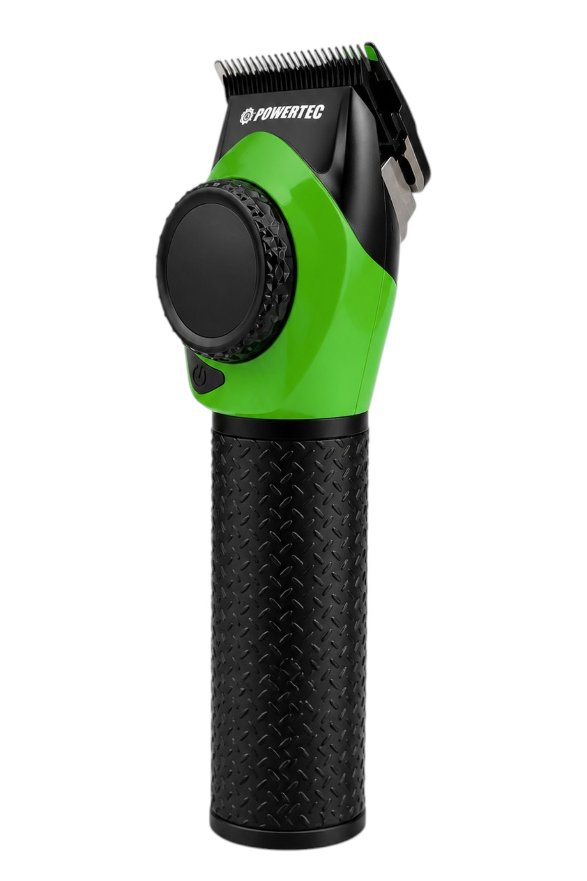 Dokulu tutma yerine sahip yeşil ve siyah Powertec saç kesme makinesi.