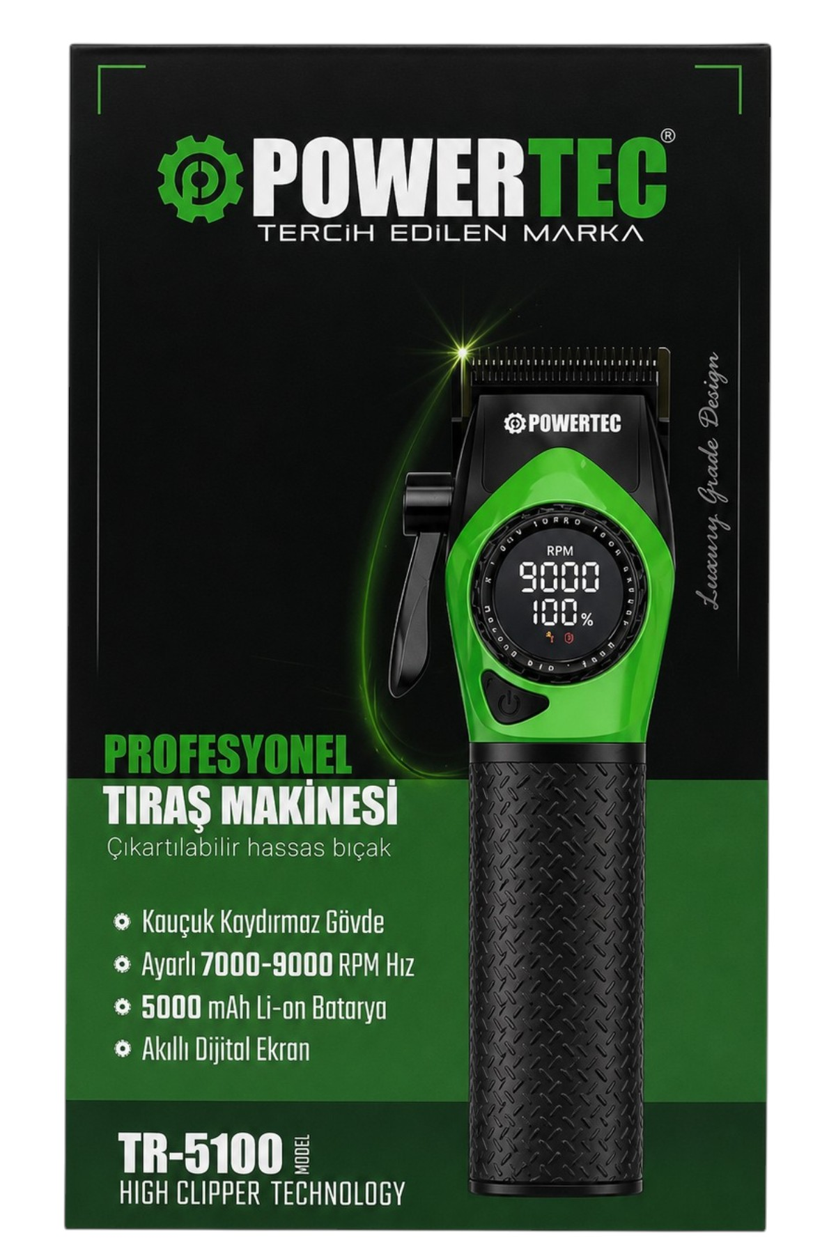 Siyah kutu üzerinde yeşil Powertec TR-5100 saç kesme makinesi, dijital ekranlı.