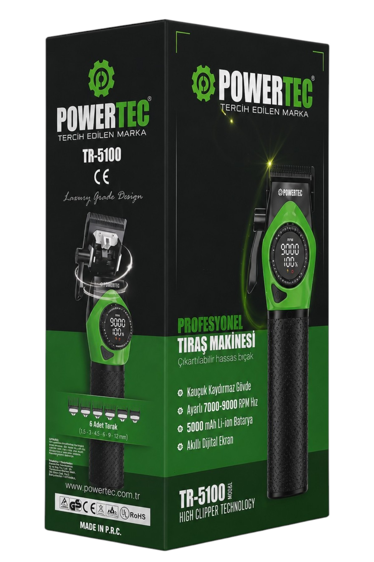 Yeşil ve siyah tasarımlı Powertec TR-5100 profesyonel saç kesme makinesinin ambalaj kutusu.