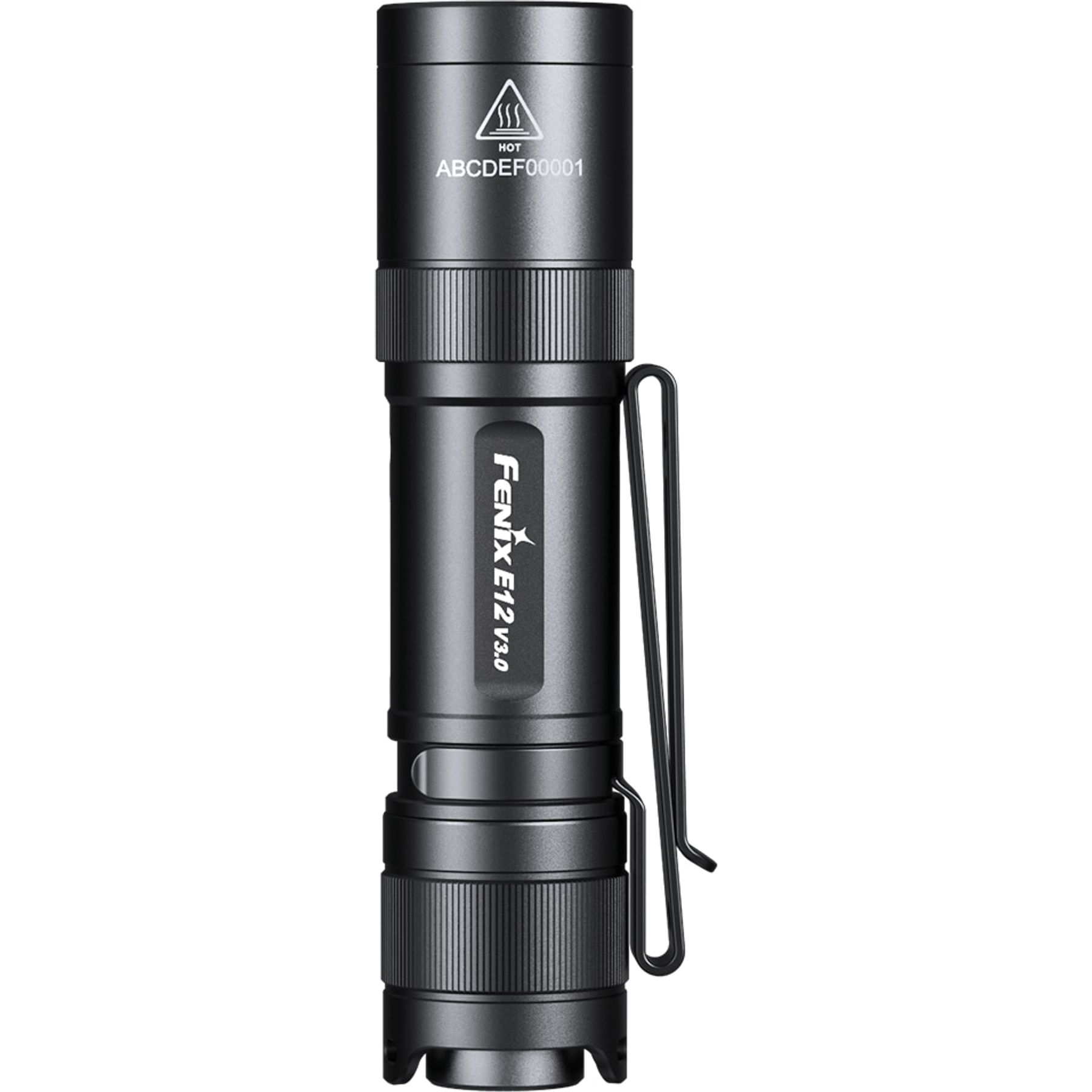 Torcia grigia Fenix E12 V3.0 con clip da tasca integrata su sfondo bianco.