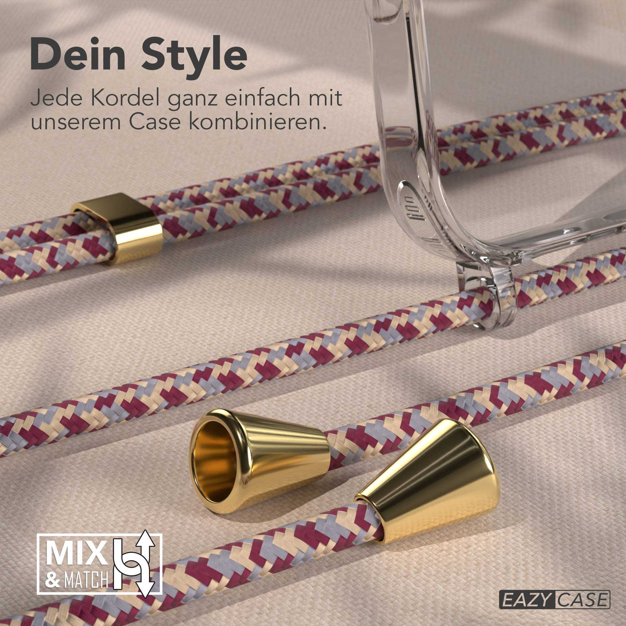 Transparente Handyhülle mit bunten Kordeln und goldenen Metallabschlüssen auf hellem Hintergrund.