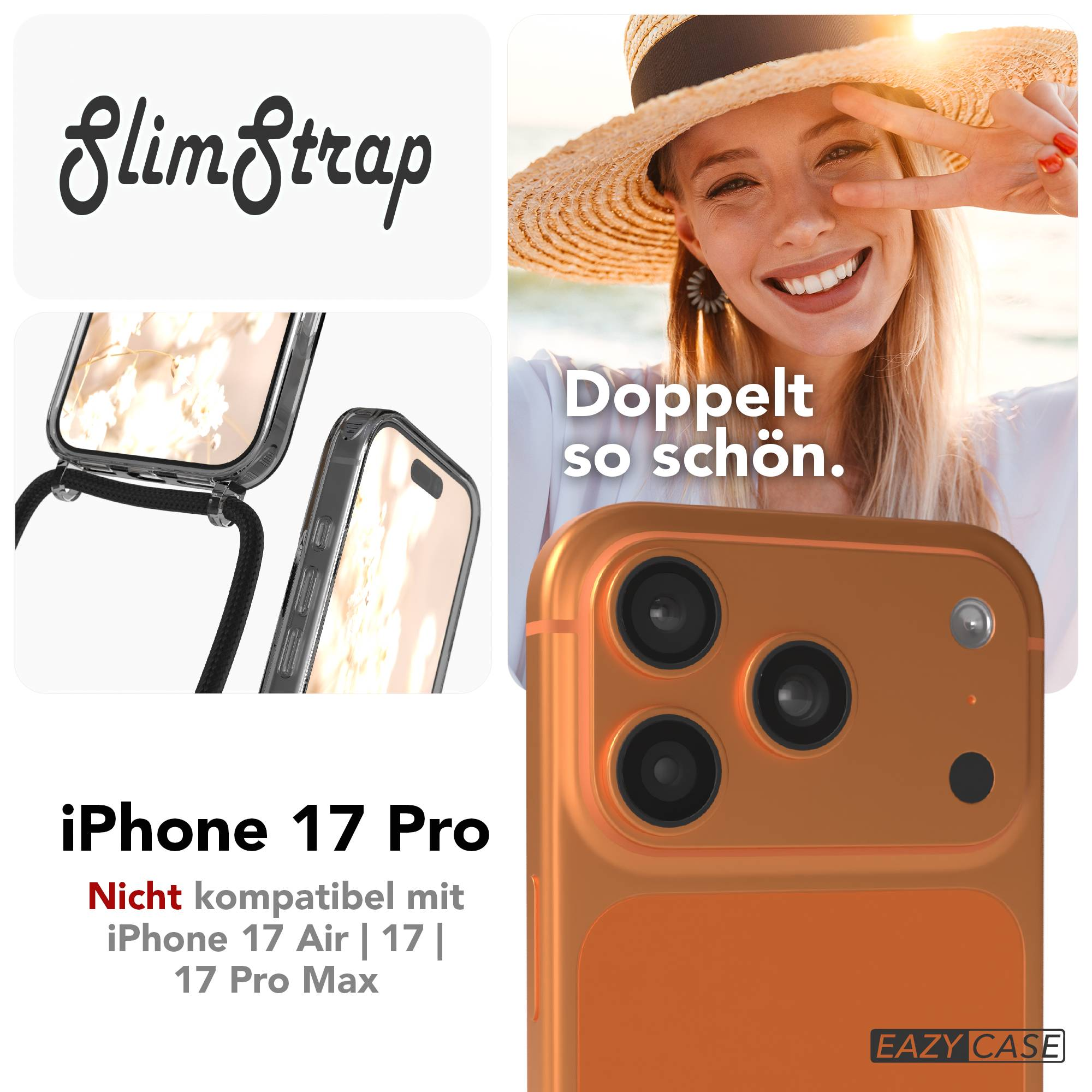 Collage mit SlimStrap, einer orangefarbenen iPhone 17 Pro Hülle und einer lächelnden Frau.