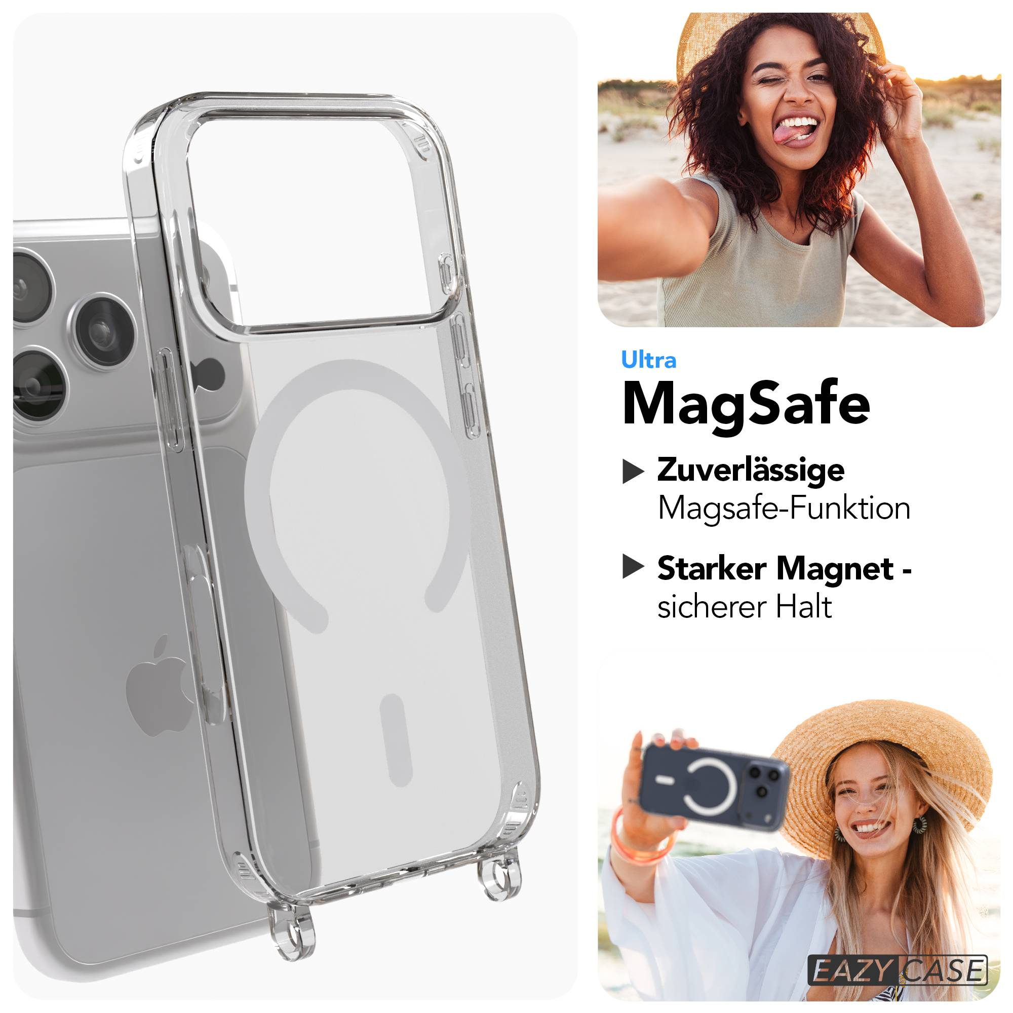 Transparente MagSafe Schutzhülle mit integriertem Ring, Text und Fotos von Personen am Strand.