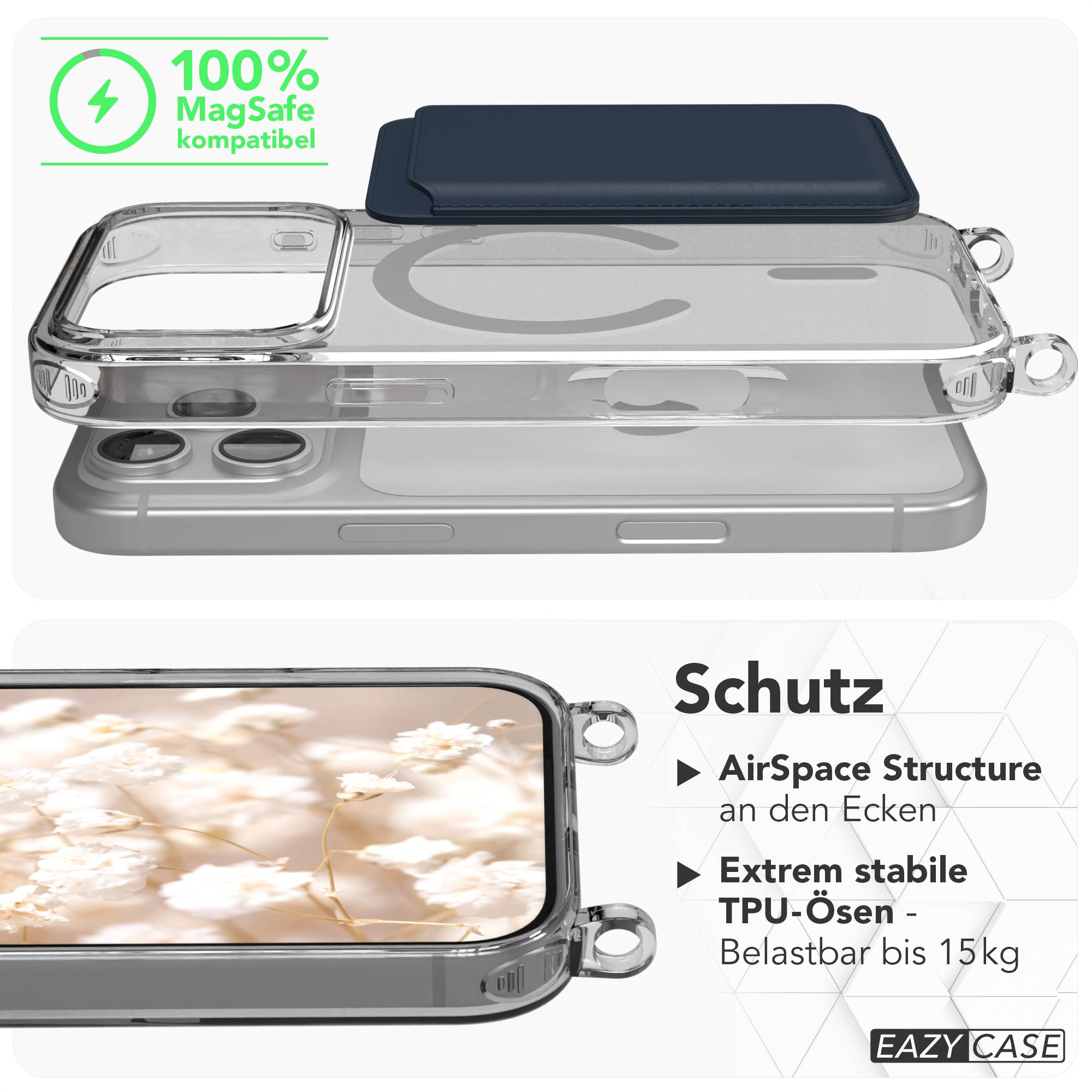Transparente Handyhülle mit MagSafe-Unterstützung und stabilen TPU-Ösen für sicheren Halt.