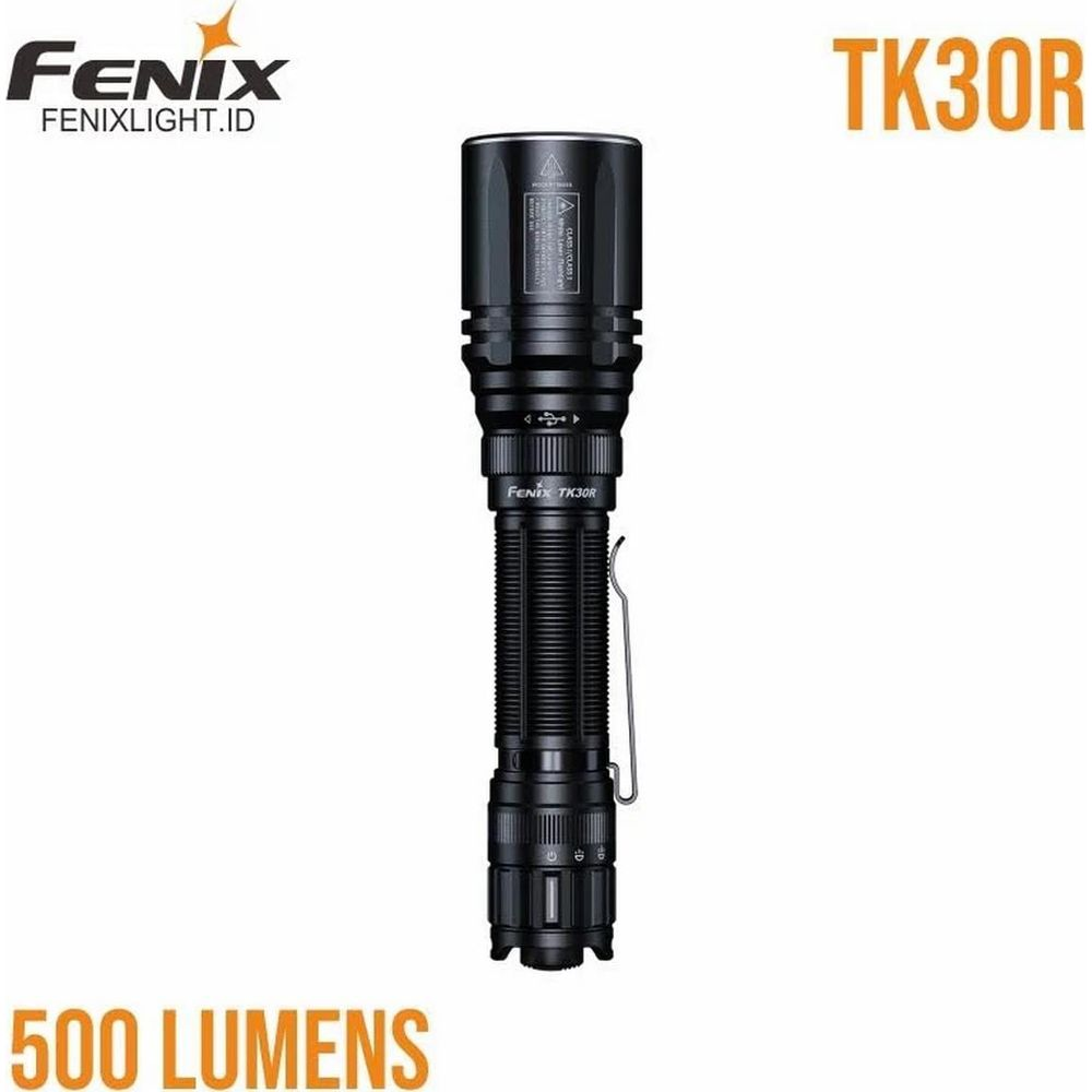 Torcia nera Fenix TK30R con testo su sfondo bianco e logo arancione.