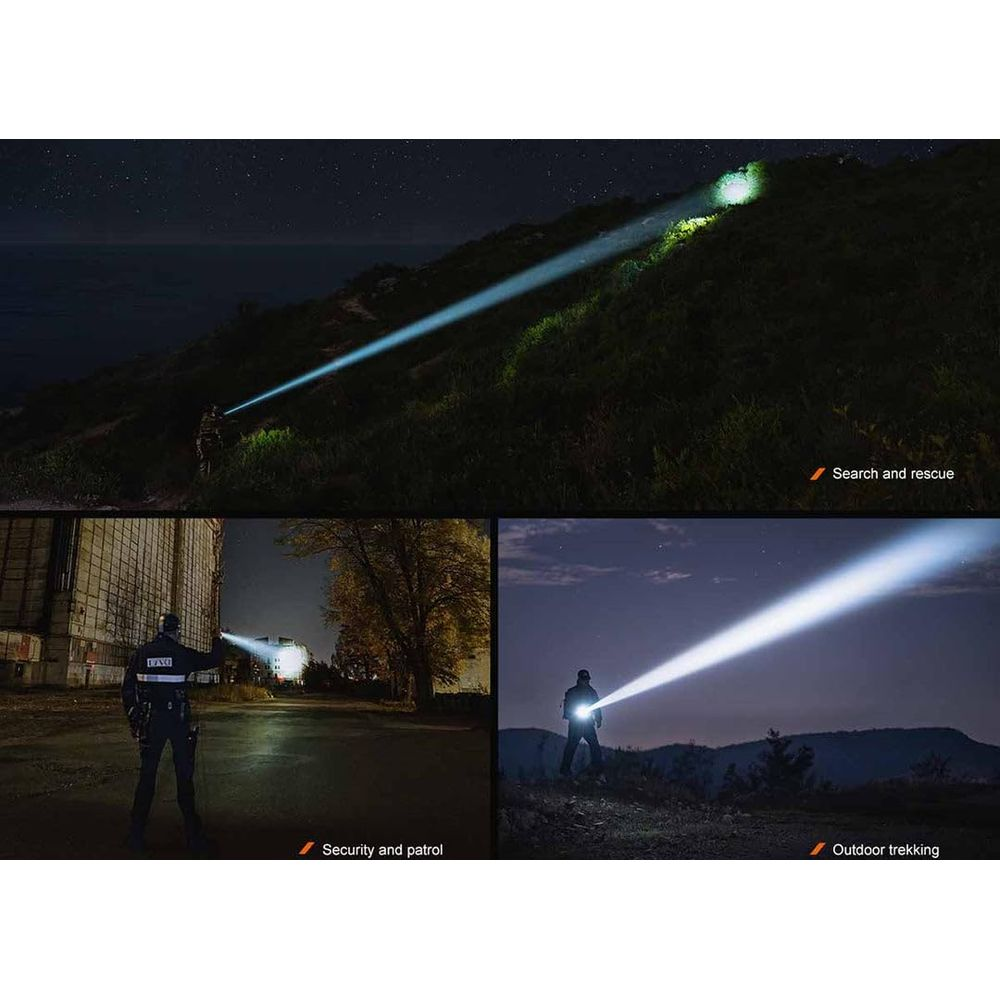 Tre immagini di persone che usano torce potenti di notte: ricerca, pattuglia di sicurezza e trekking.