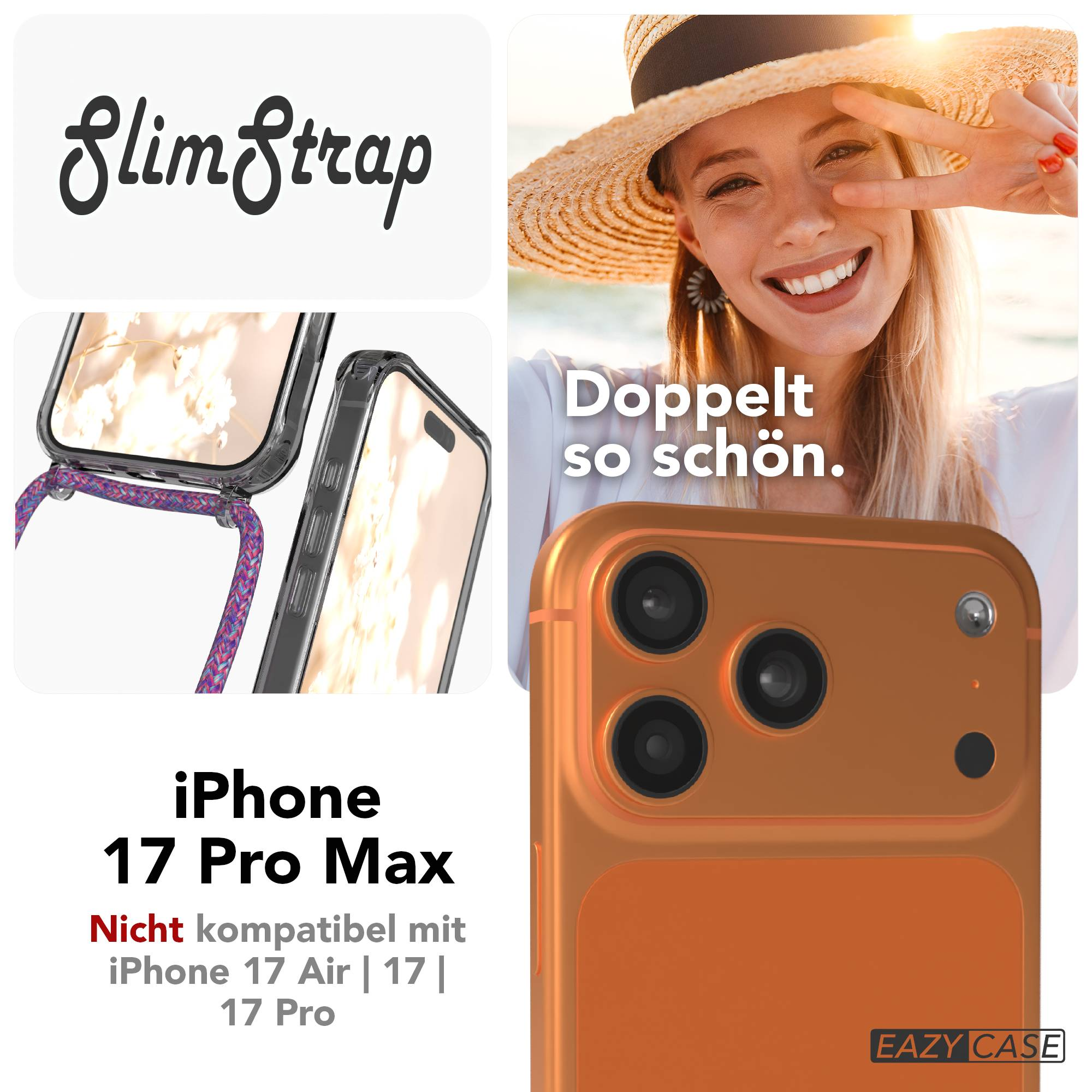 Eine Frau mit Hut lächelt, daneben Produktbilder eines orangefarbenen iPhones und einer Handyhülle mit Band.