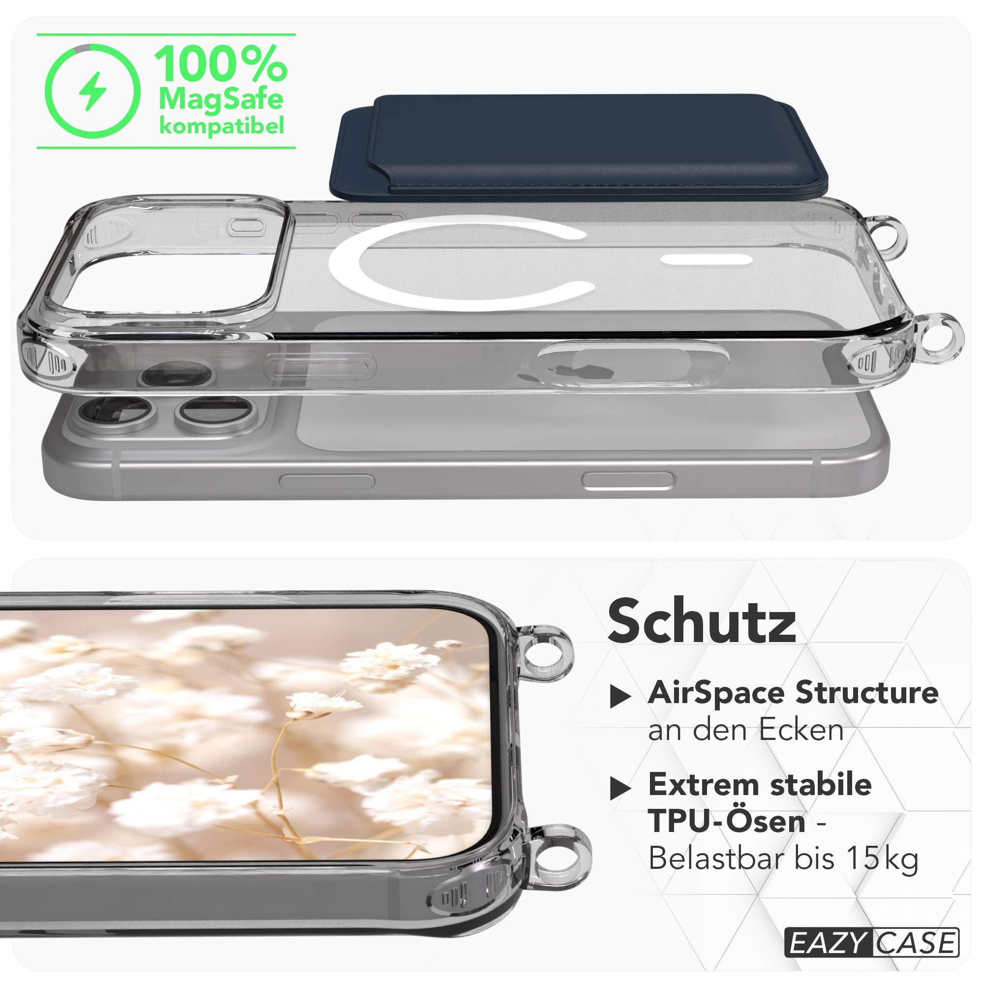 Transparente MagSafe-Handyhülle mit Schutz, Eckverstärkung und integrierten Ösen auf weißem Hintergrund.