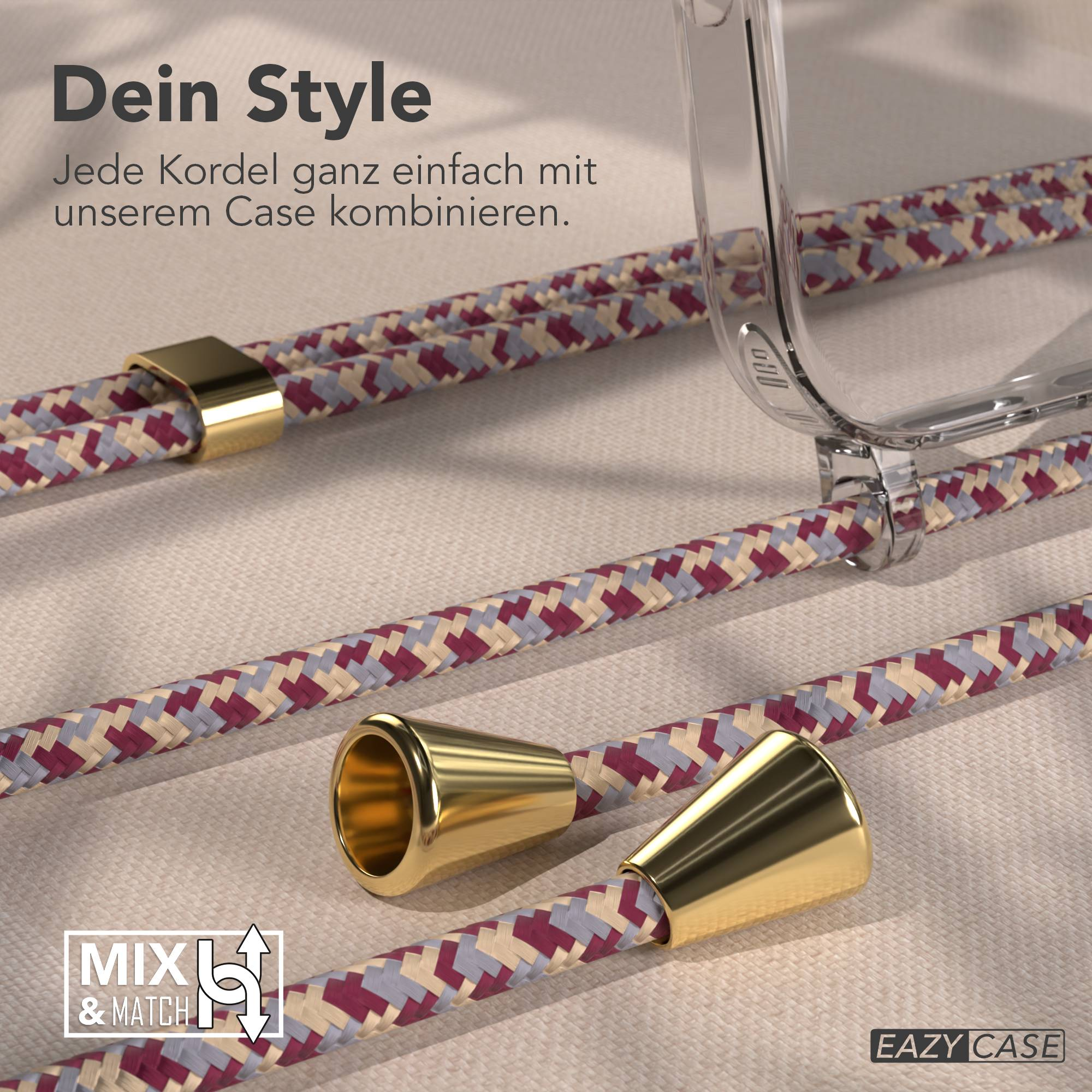 Transparente Handyhülle mit mehrfarbigen Kordeln und goldenen Metallabschlüssen auf beigem Untergrund.