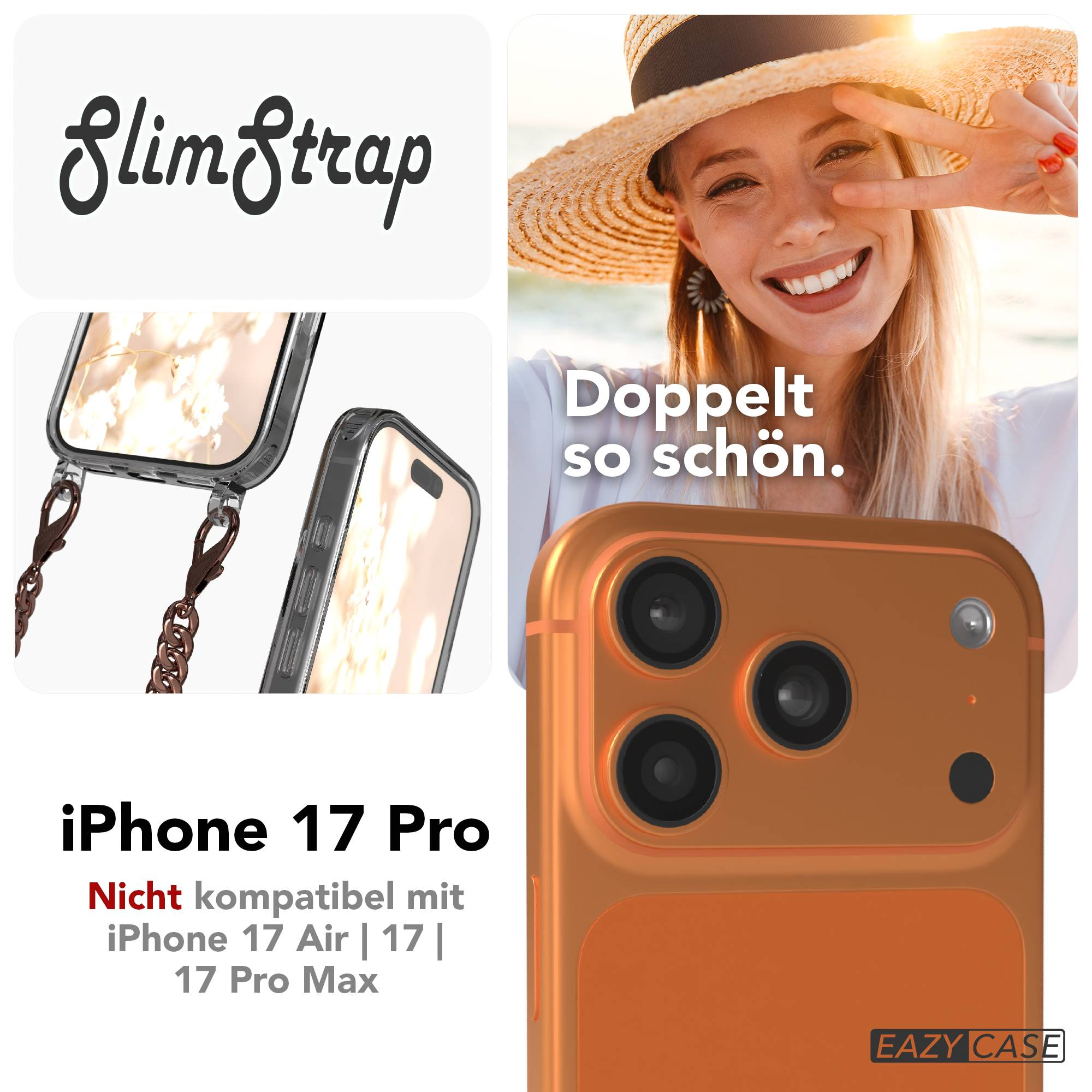 Werbung für SlimStrap: Ein oranger iPhone 17 Pro-Handy-Hülle, ein lächelndes Model und Detailaufnahmen des Gehäuses.