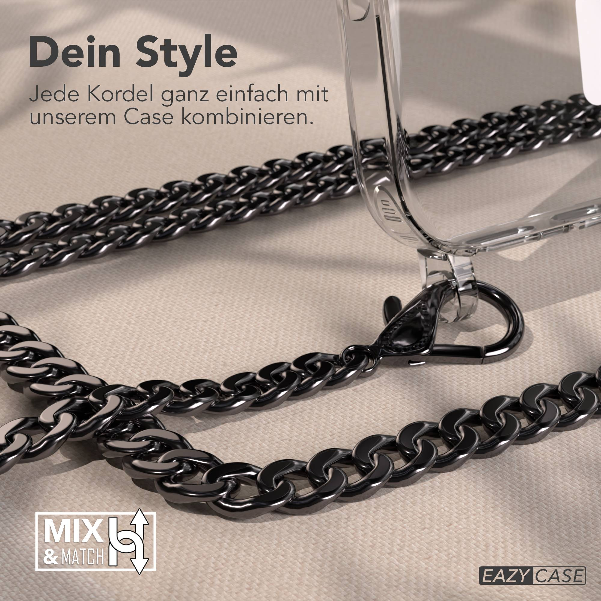 Transparente Handysülle mit dunkler Metallkette auf neutralem Hintergrund, deutschem Text und Eazy Case Logo.