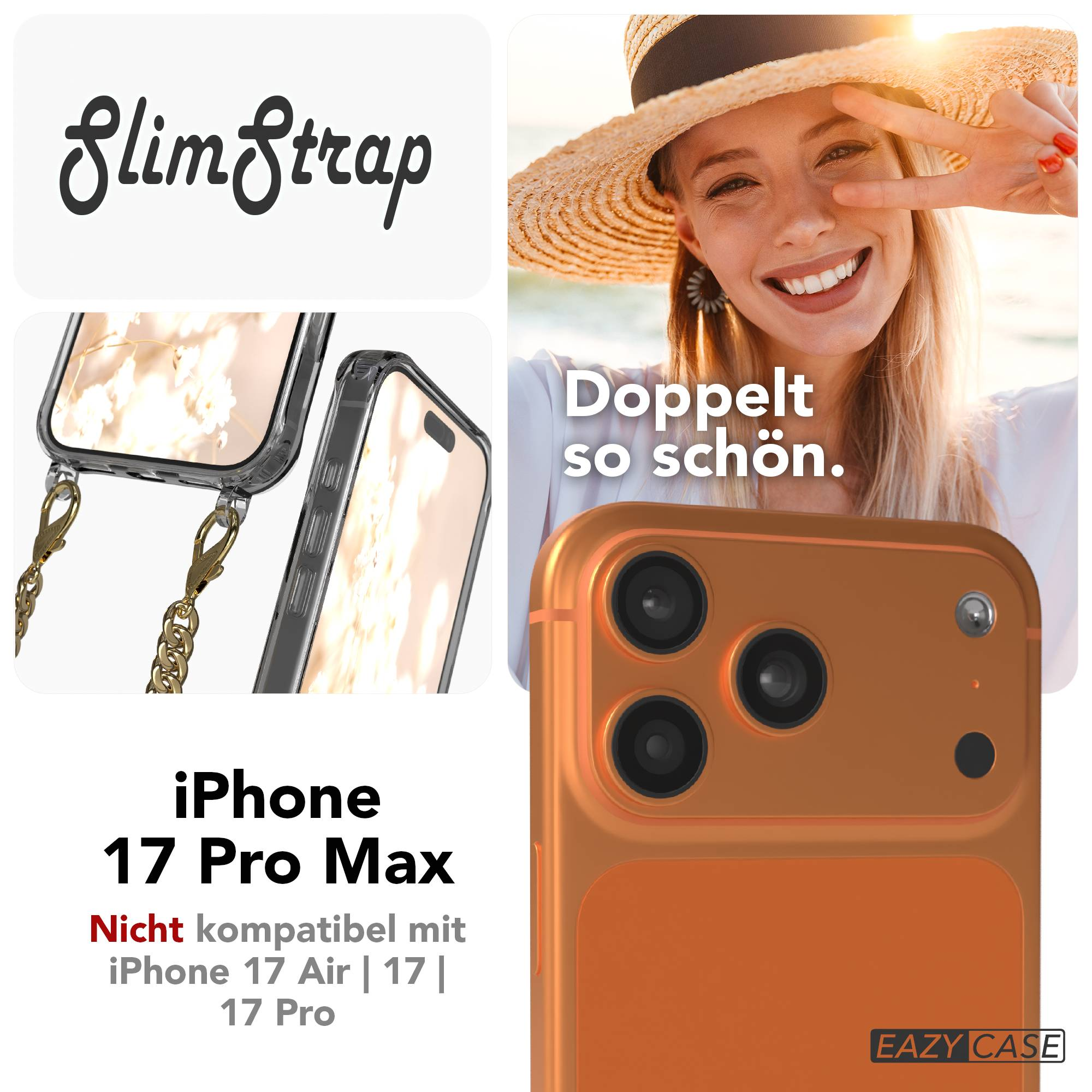 Werbebild für iPhone 17 Pro Max Handyhülle mit Kette und Frau im Hintergrund.