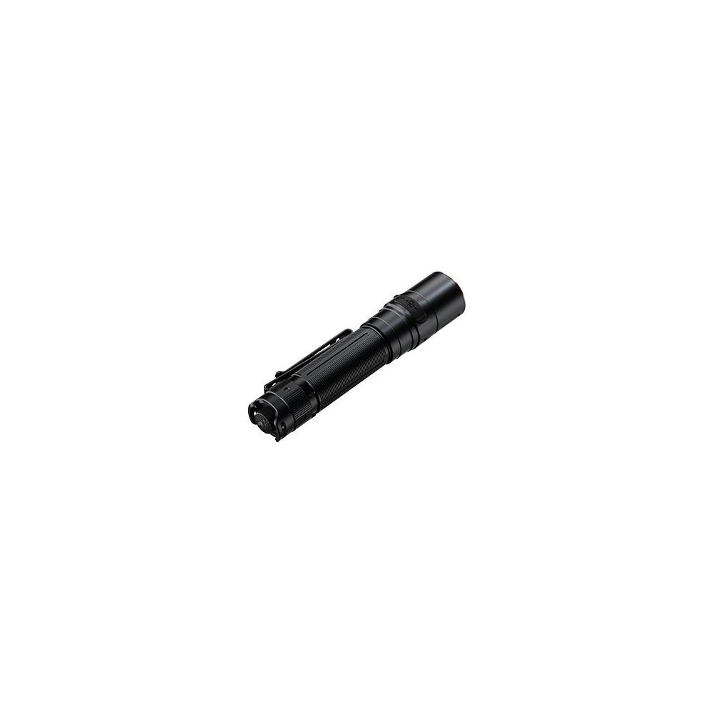 Una piccola torcia a LED nera con clip su sfondo bianco.