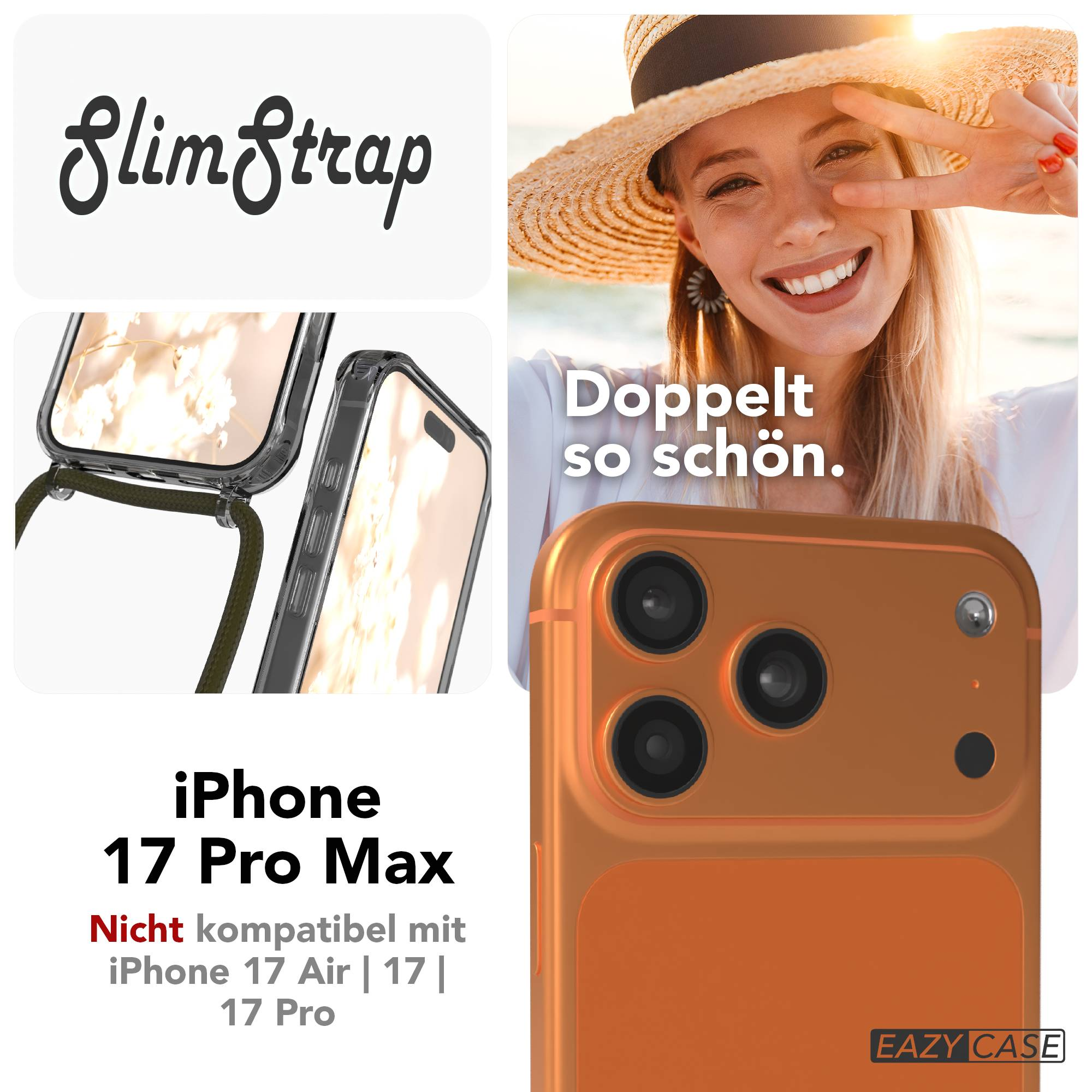 Werbebild für SlimStrap iPhone 17 Pro Max Hülle mit glücklicher Frau am Strand.