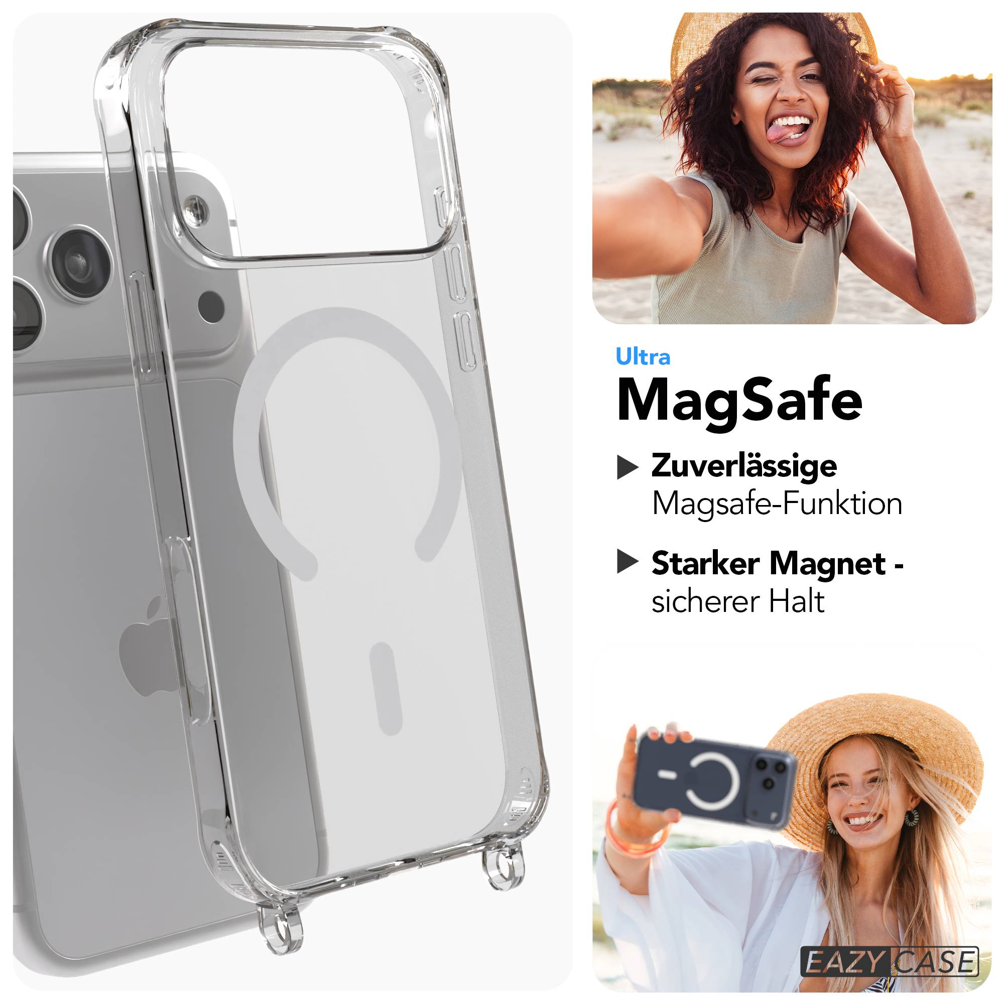 Transparente MagSafe-Handyhülle mit starkem Magneten und zwei Frauen beim Selfie-Machen.