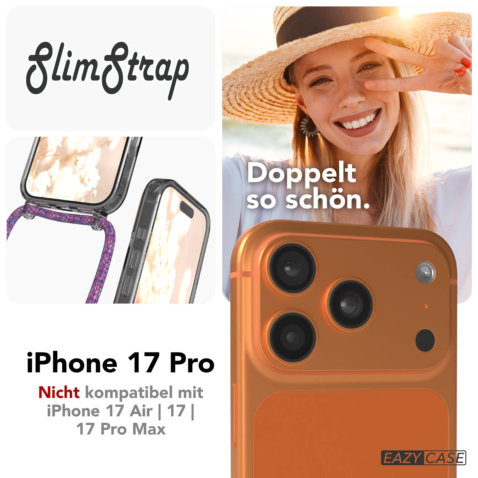 Produktwerbung für iPhone 17 Pro Case mit Umhängeband und Frauenporträt.