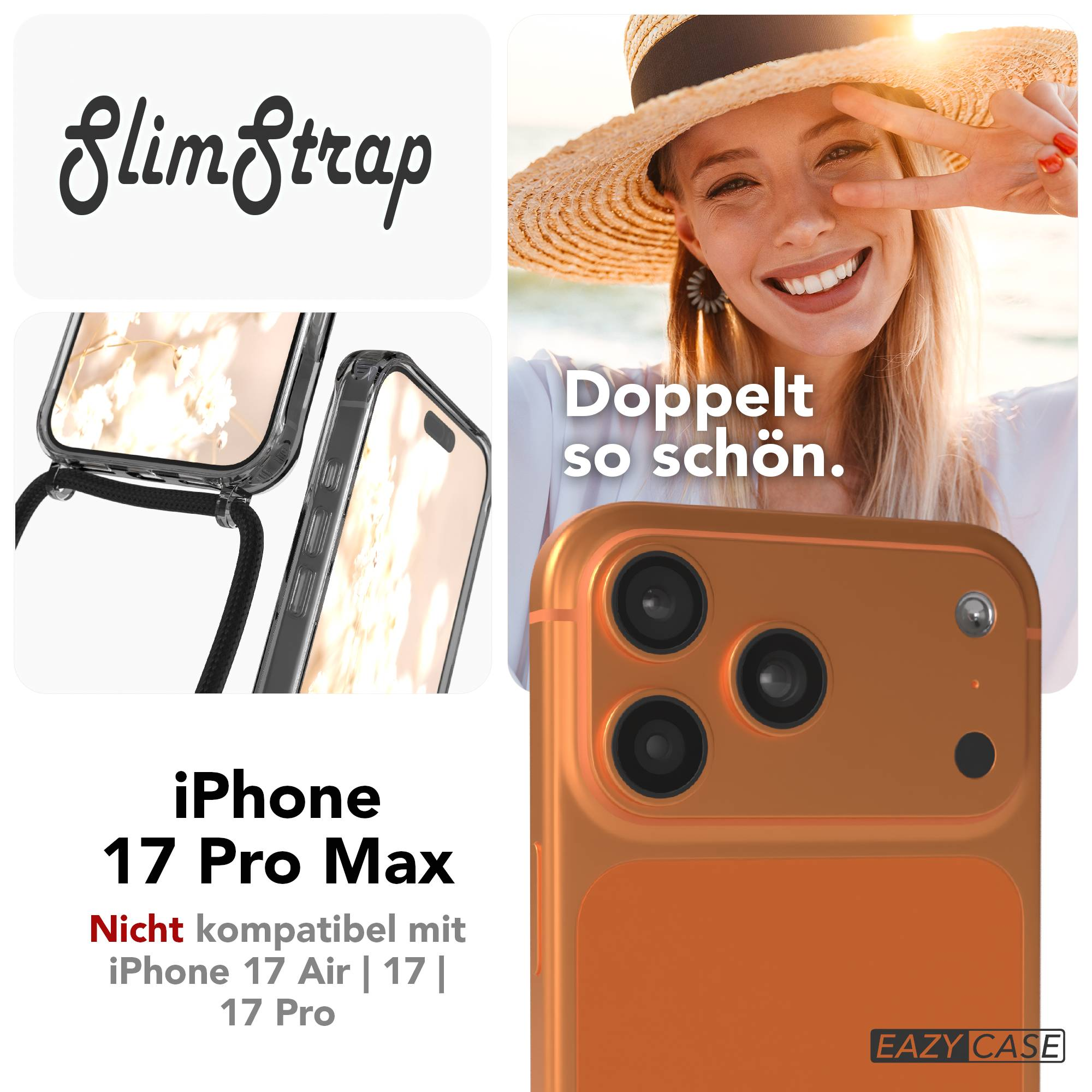 Werbung für SlimStrap iPhone 17 Pro Max Hülle mit einer lächelnden Frau und Smartphone-Details.