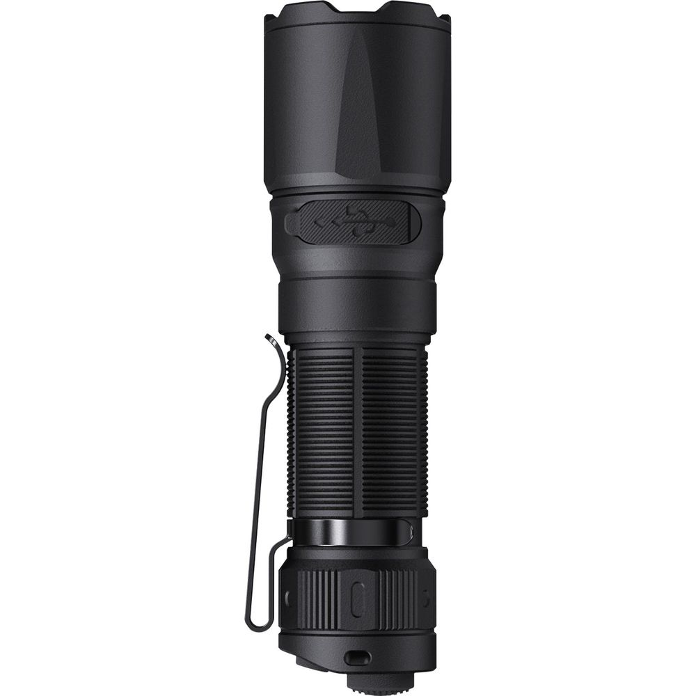 Torcia tattica nera con clip tascabile in metallo su sfondo bianco.
