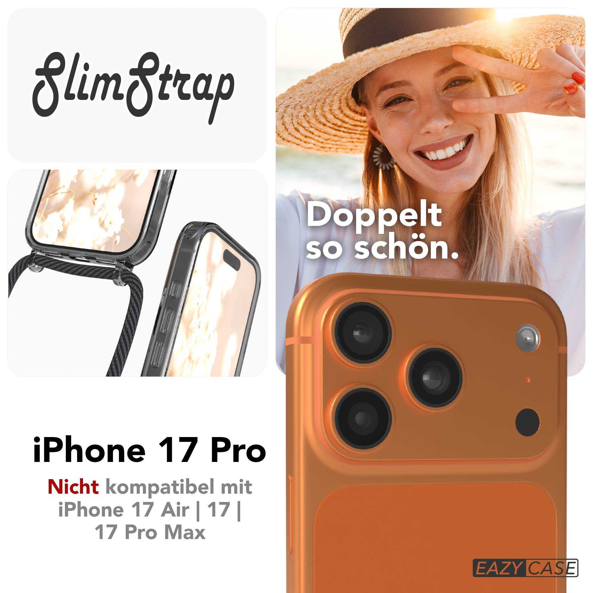 Werbung für ein orangefarbenes iPhone 17 Pro Case mit Umhängeband und lächelnder Frau.