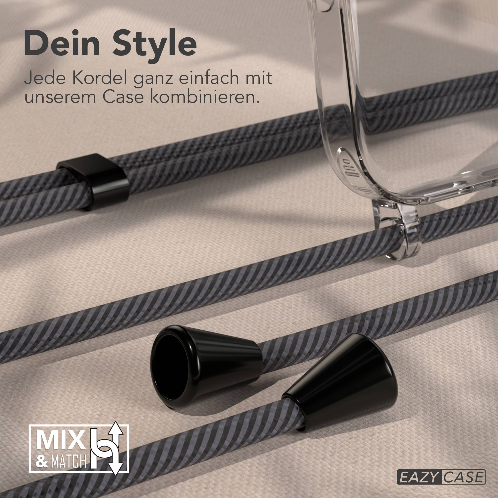 Transparente Handyhülle mit grauem Kordelband auf strukturiertem Hintergrund.
