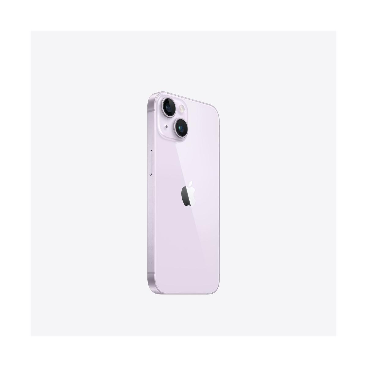 Arka tarafı görünen açık mor akıllı telefon, çift kamerası ve beyaz arka planda Apple logosu ile.