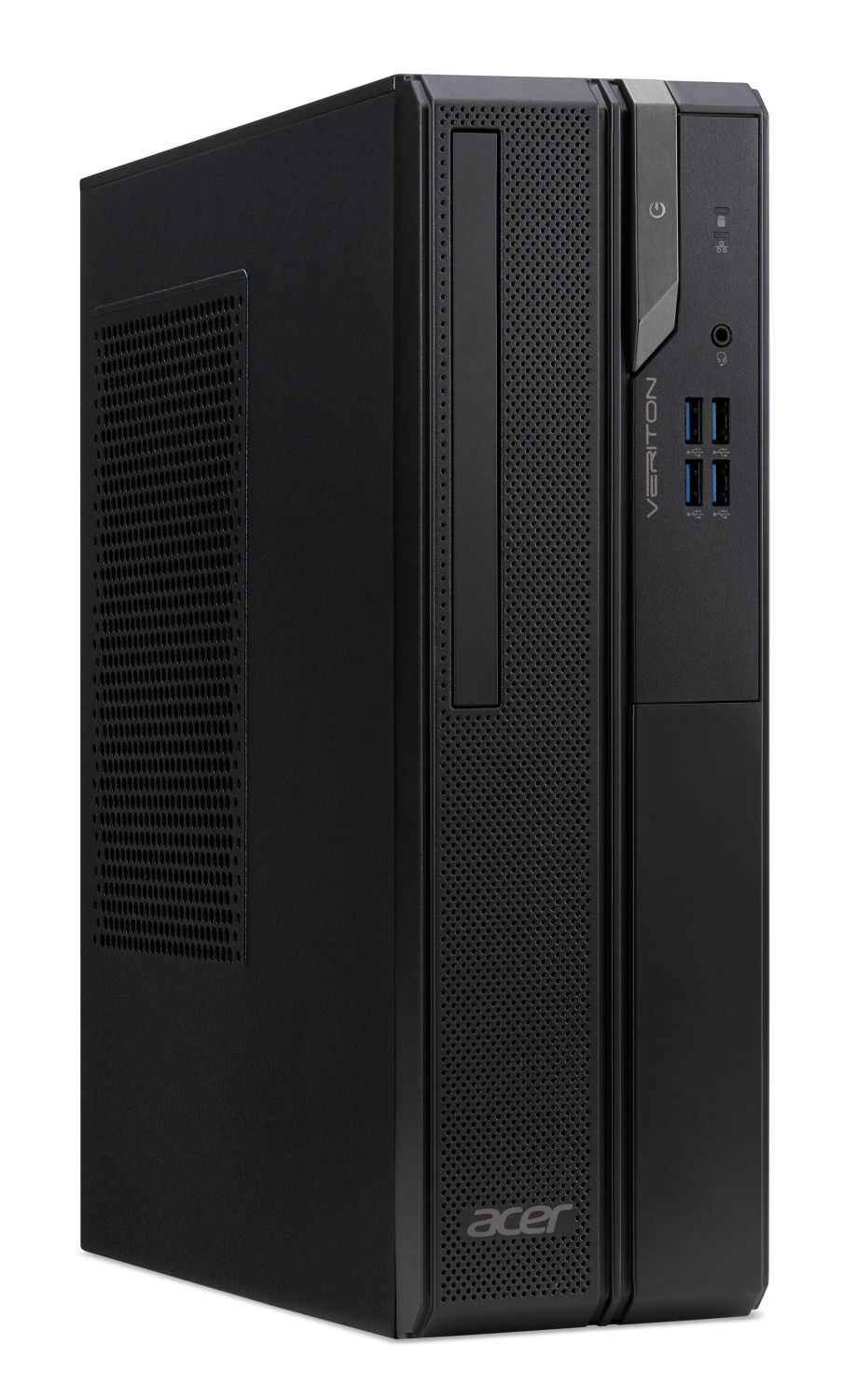Una computadora de escritorio Acer Veriton negra en una torre sobre fondo blanco.