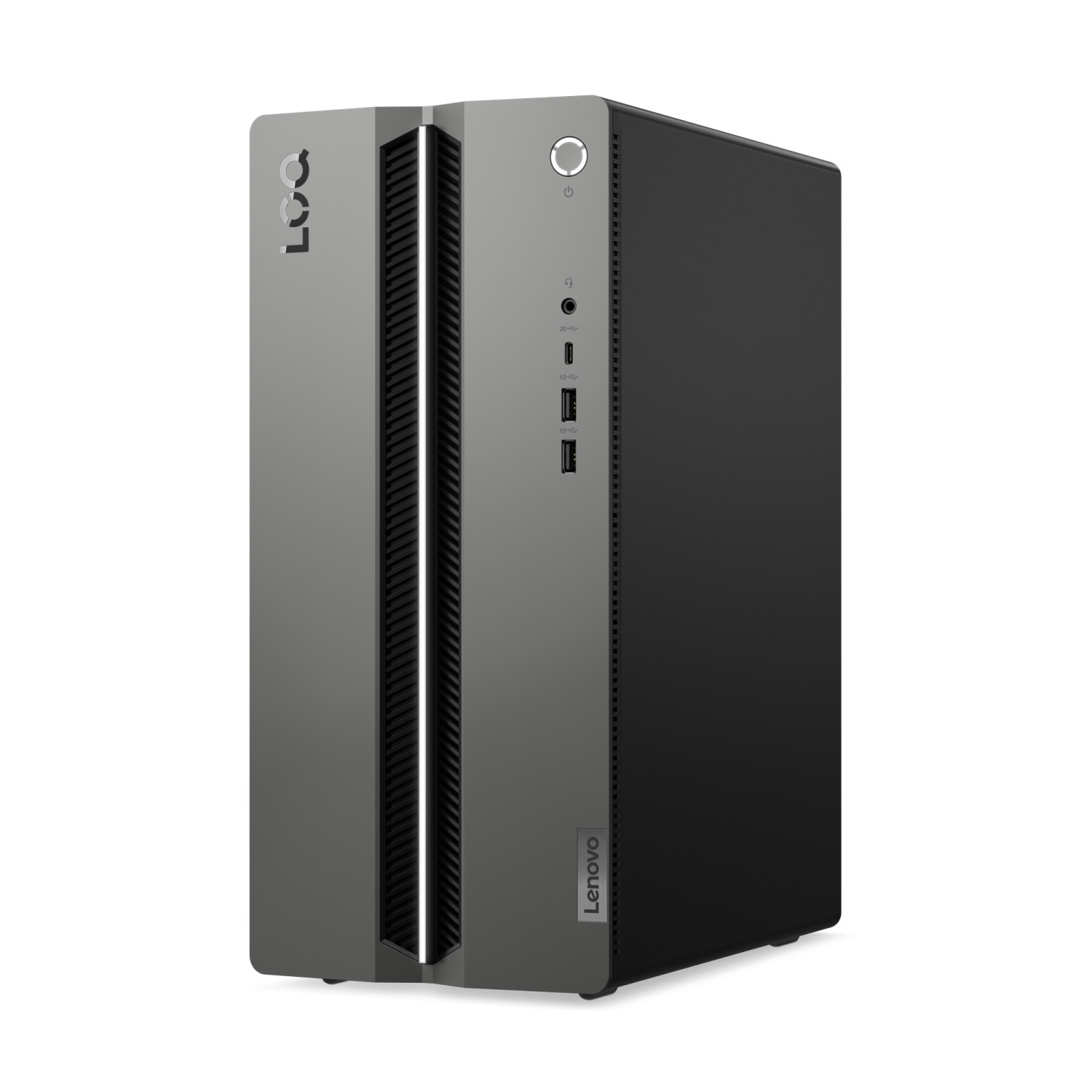 Un PC desktop tower Lenovo LOQ grigio e nero con presa d'aria verticale centrale e porte frontali.