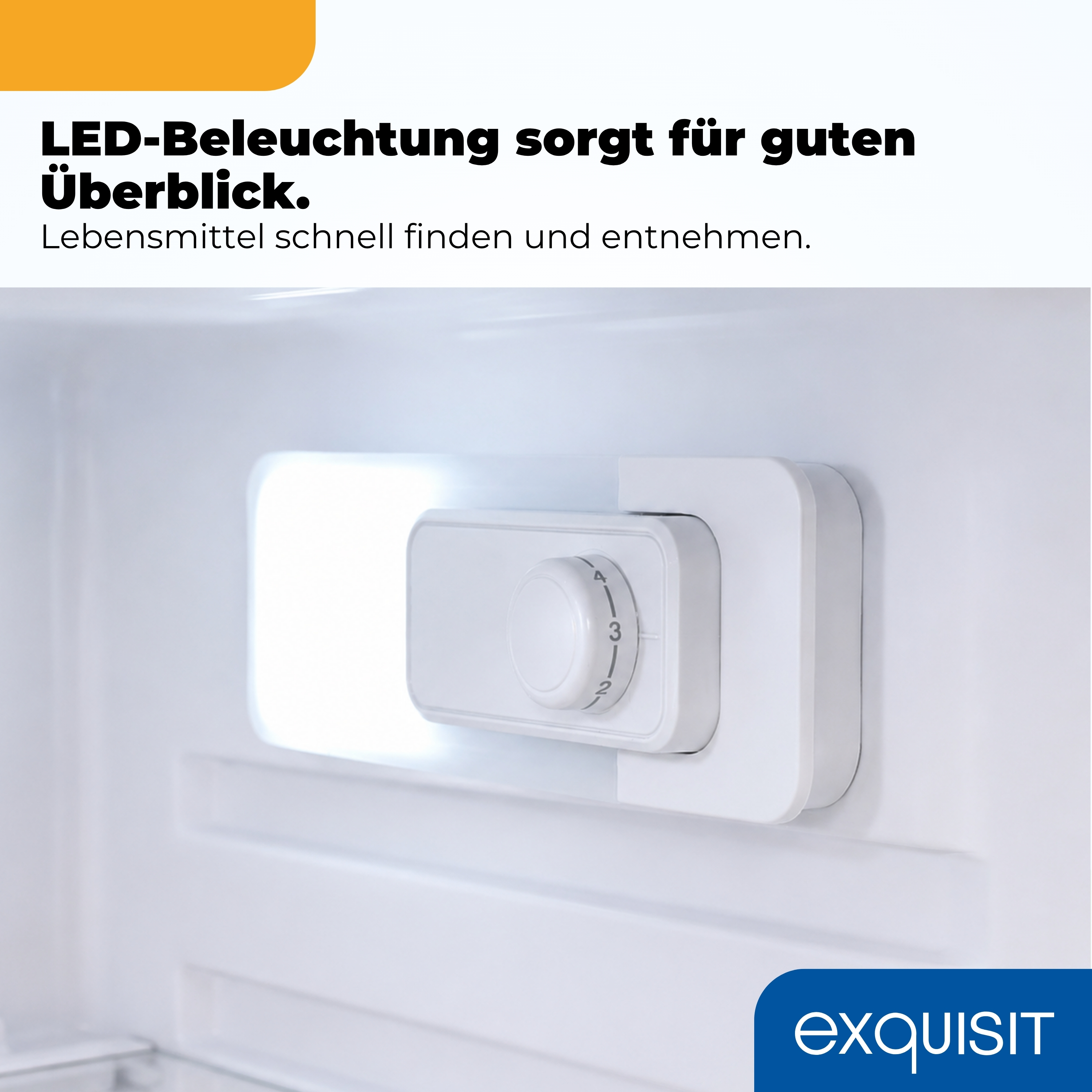 Ein weißer LED-Lichtschalter mit Temperaturregler in einem Kühlschrank.
