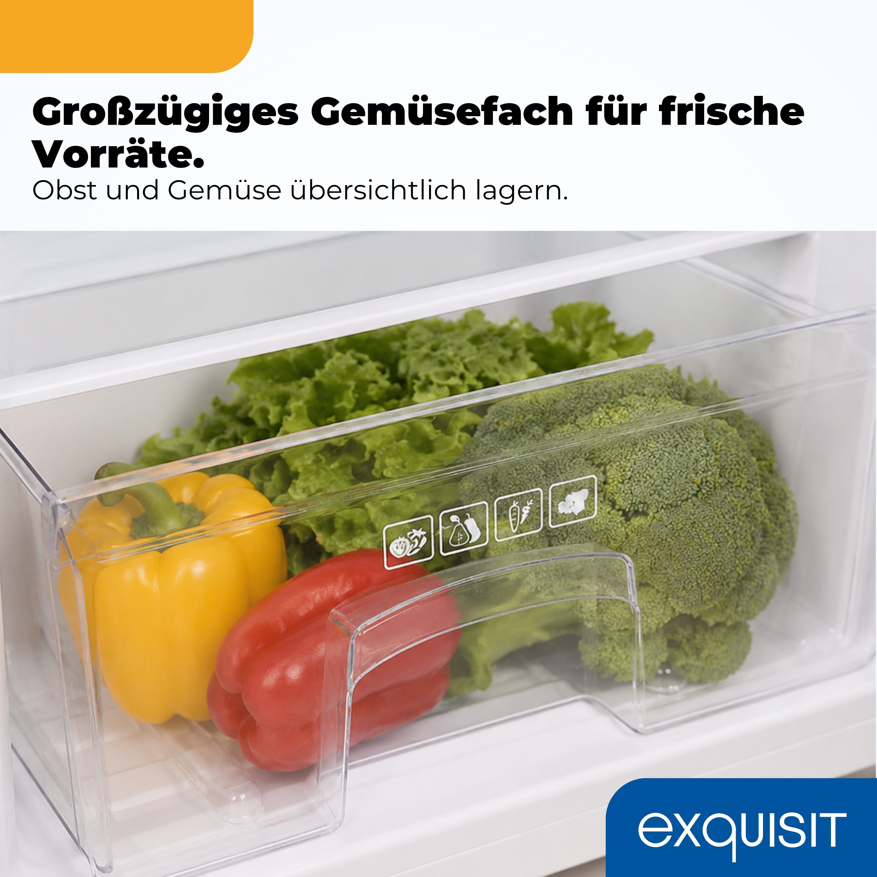 Ein transparentes Gemüsefach im Kühlschrank mit gelber Paprika, roter Paprika, Brokkoli und grünem Salat.