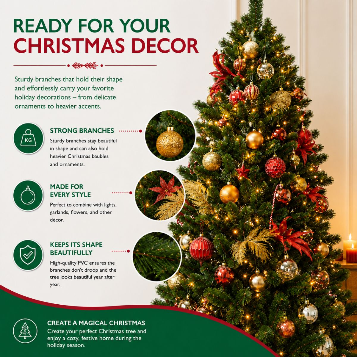 A decorated Christmas tree with red and gold baubles and lights, alongside promotional text and detail circles.
