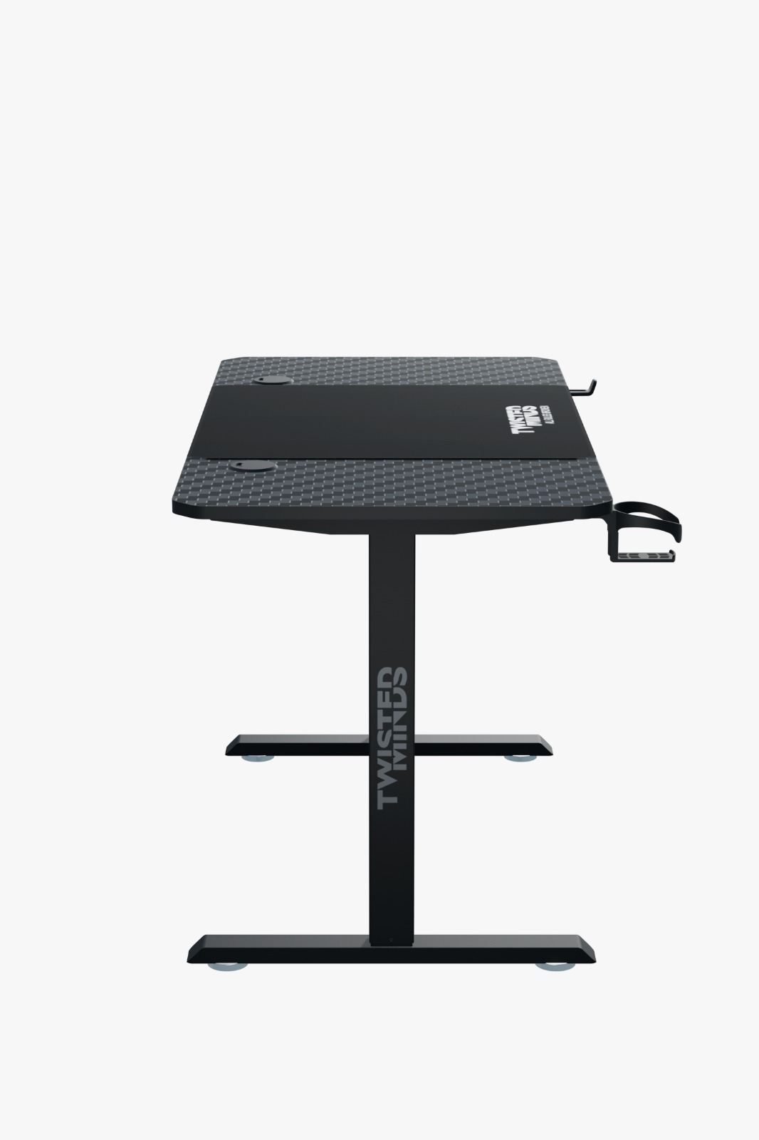 Dokulu yüzeyli, entegre mousepad'li ve aksesuar tutuculu siyah oyuncu masası, açık gri arka planda.