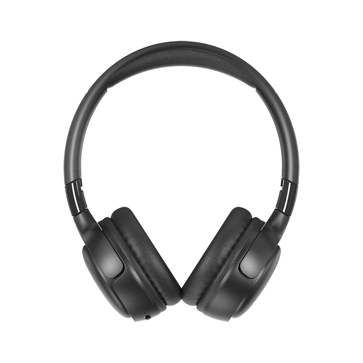 Schwarze On-Ear-Kopfhörer mit gepolstertem Bügel und Ohrmuscheln auf weim Hintergrund.