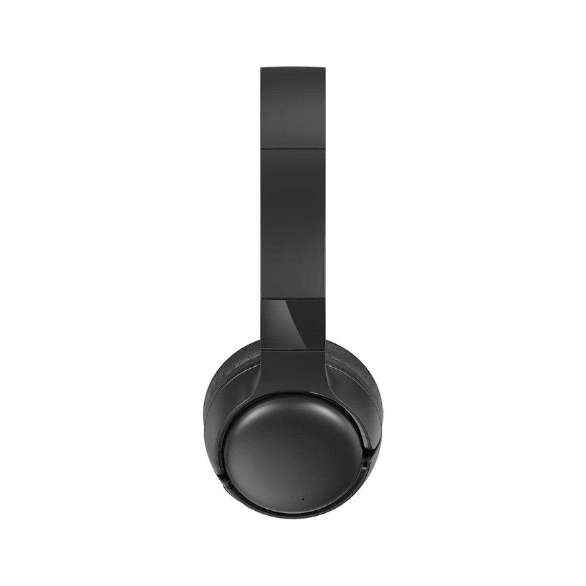 Schwarze On-Ear-Kopfhörer im Profil auf weißem Hintergrund.