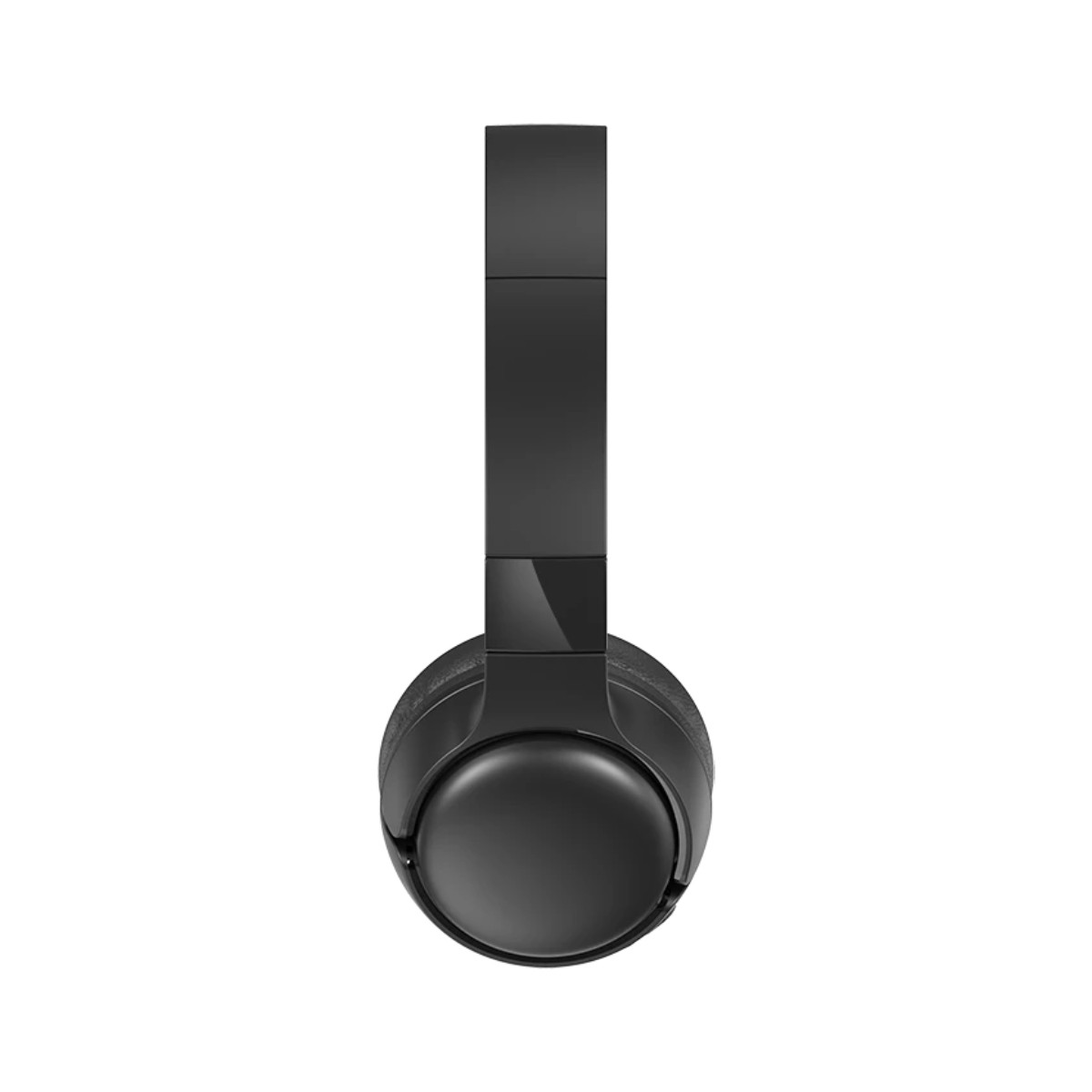 Schwarze On-Ear-Kopfhörer in der Seitenansicht vor weißem Hintergrund.