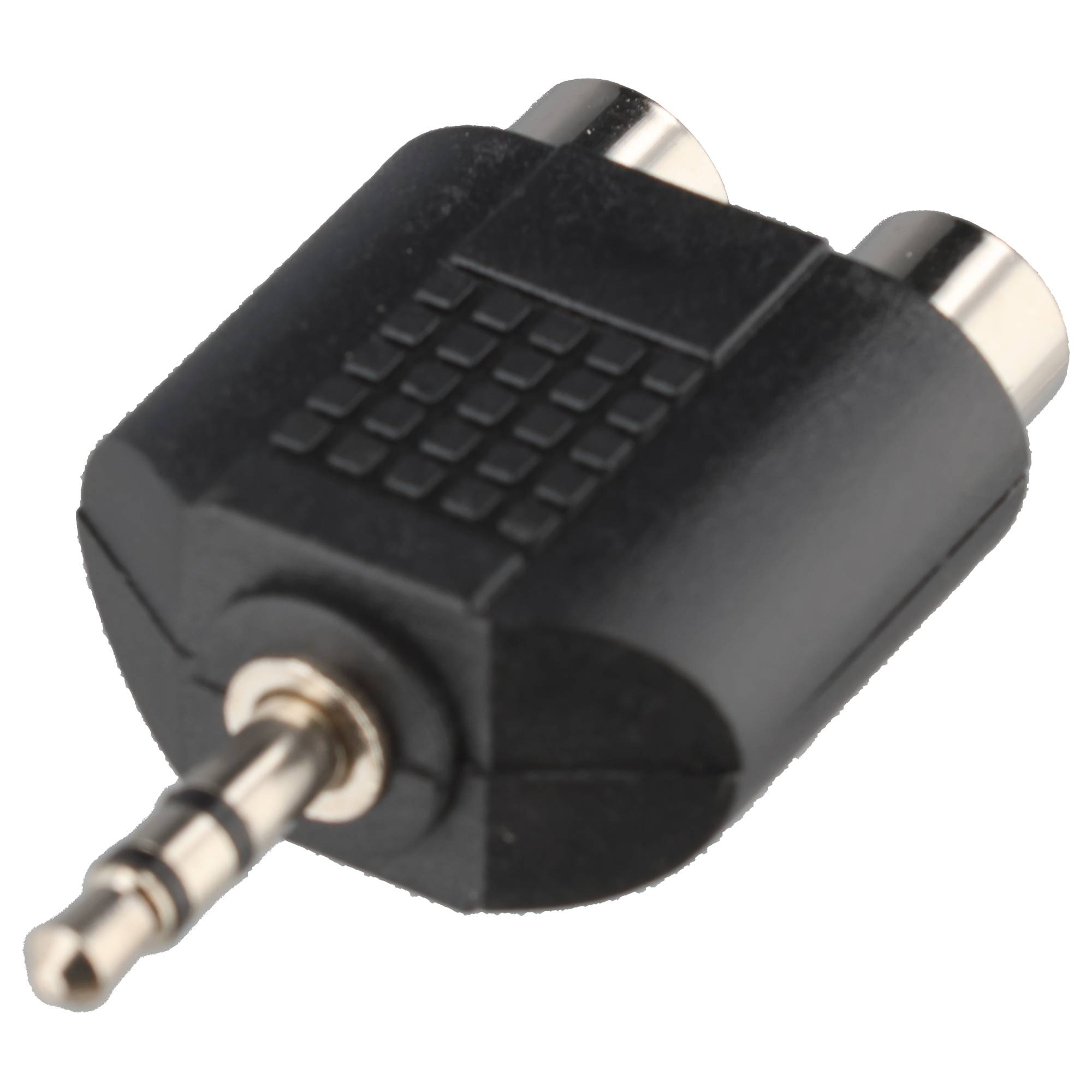 Ein schwarzer Audio-Adapter mit einem 3,5-mm-Klinkenstecker und zwei Cinch-Buchsen.