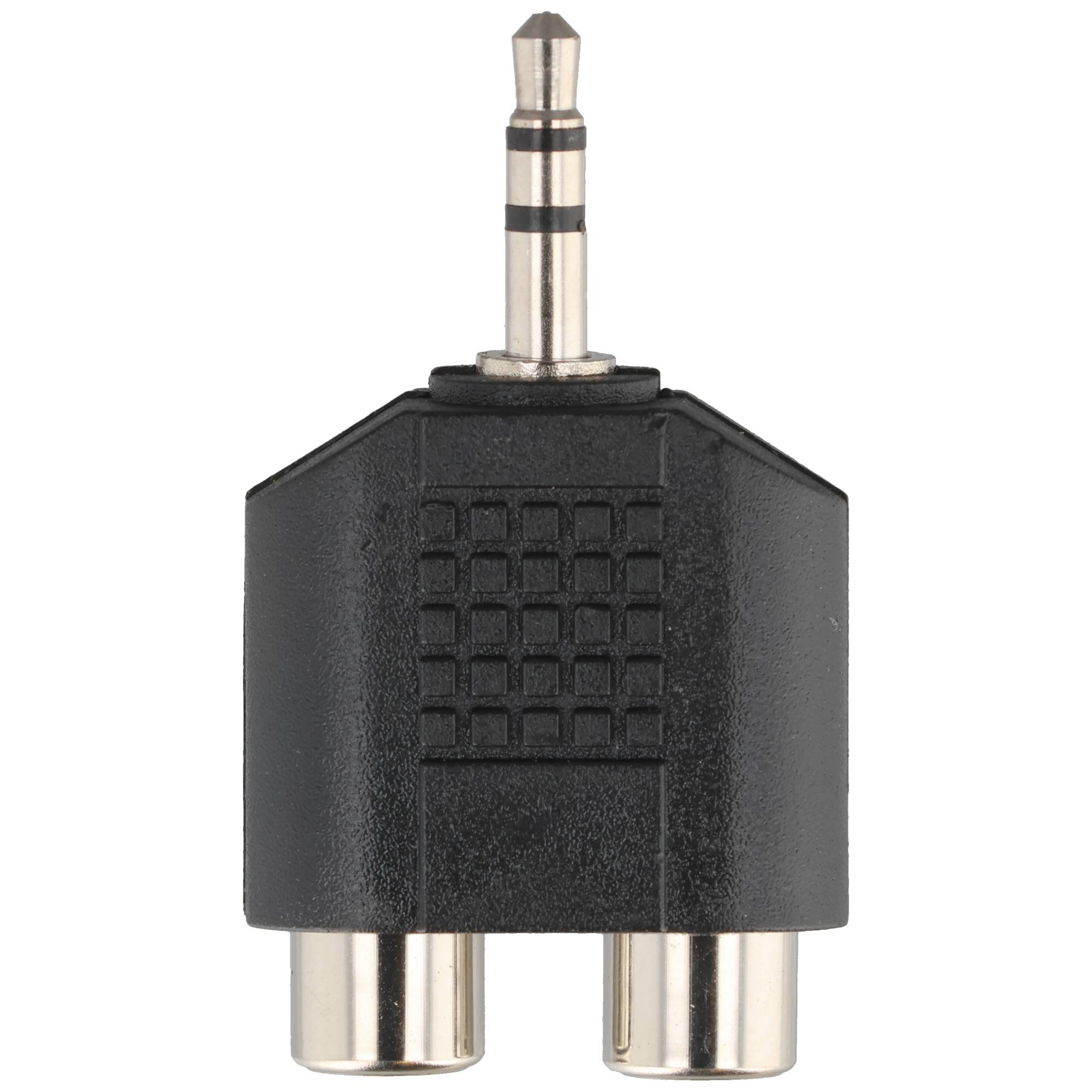 Ein schwarzer Audioadapter mit einem 3,5-mm-Klinkenstecker und zwei RCA-Buchsen.