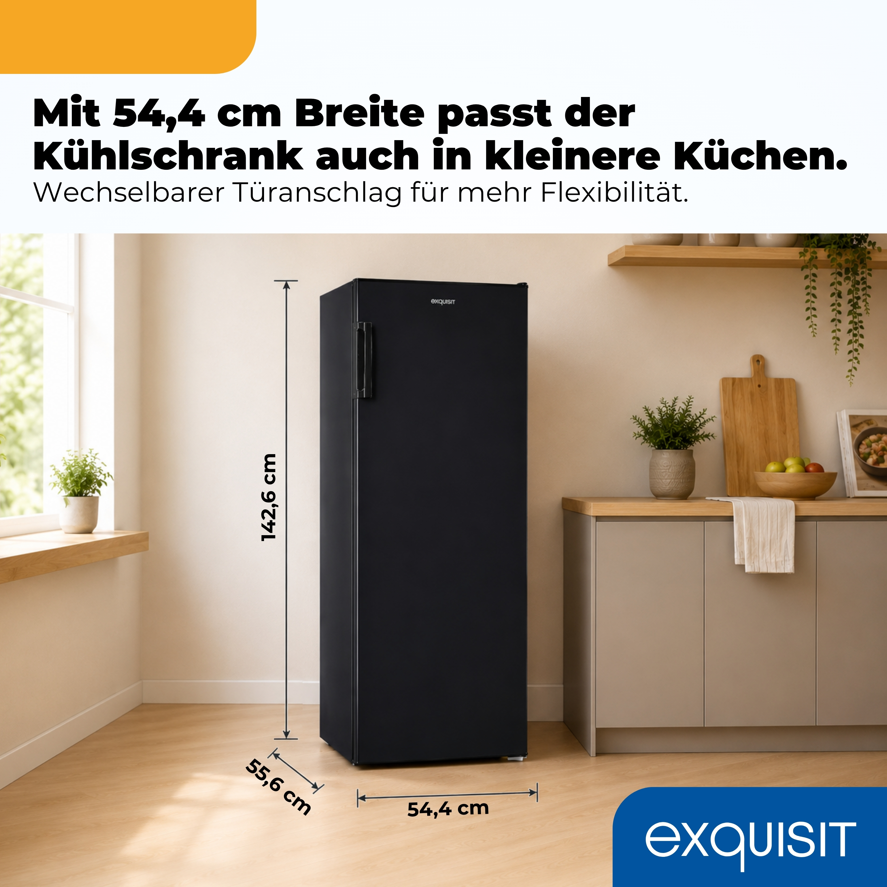 Ein schwarzer Kompaktkühlschrank mit Maßangaben in einer modernen Küche.