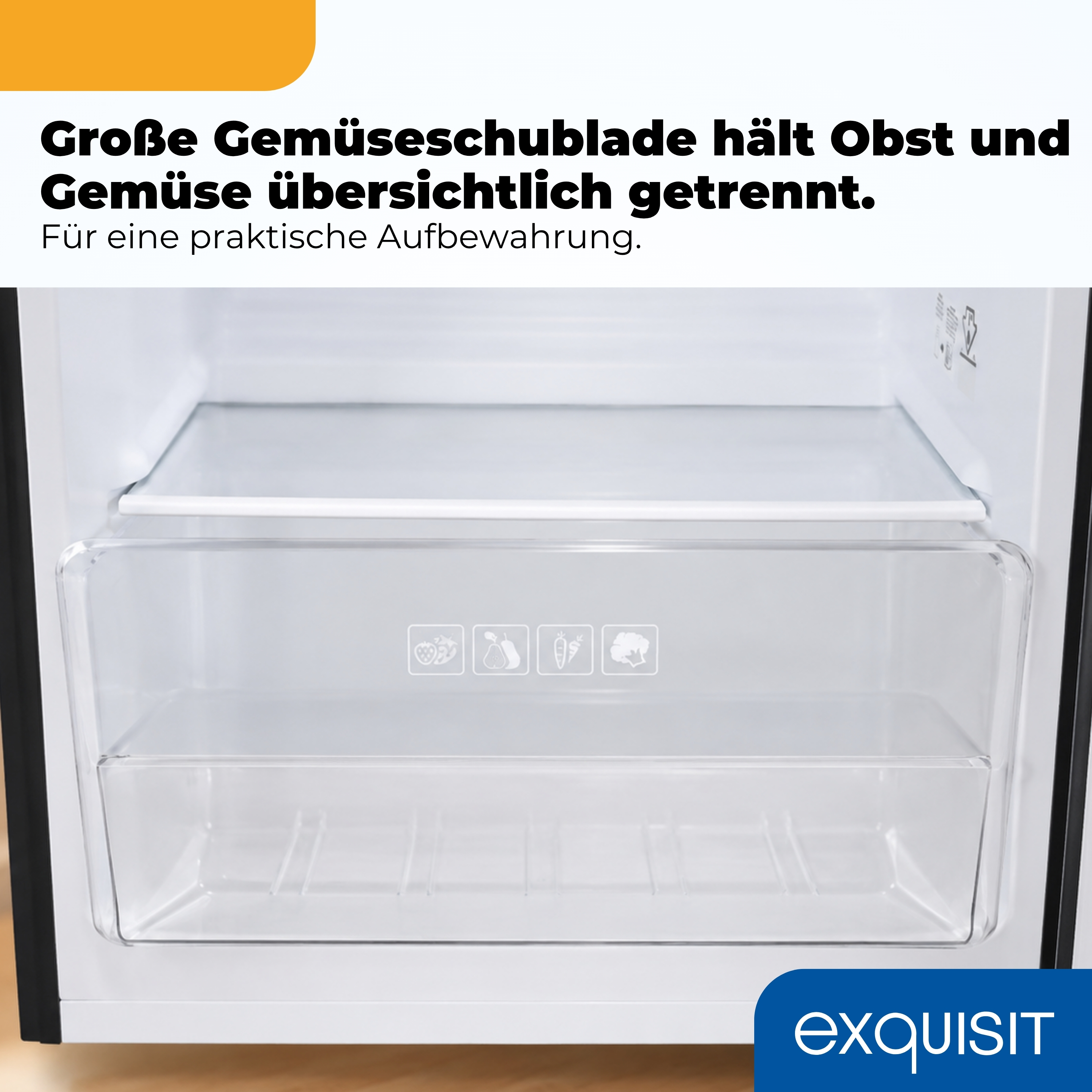 Geöffneter Kühlschrank mit leerem Glasboden und großer transparenter Gemüseschublade unten.
