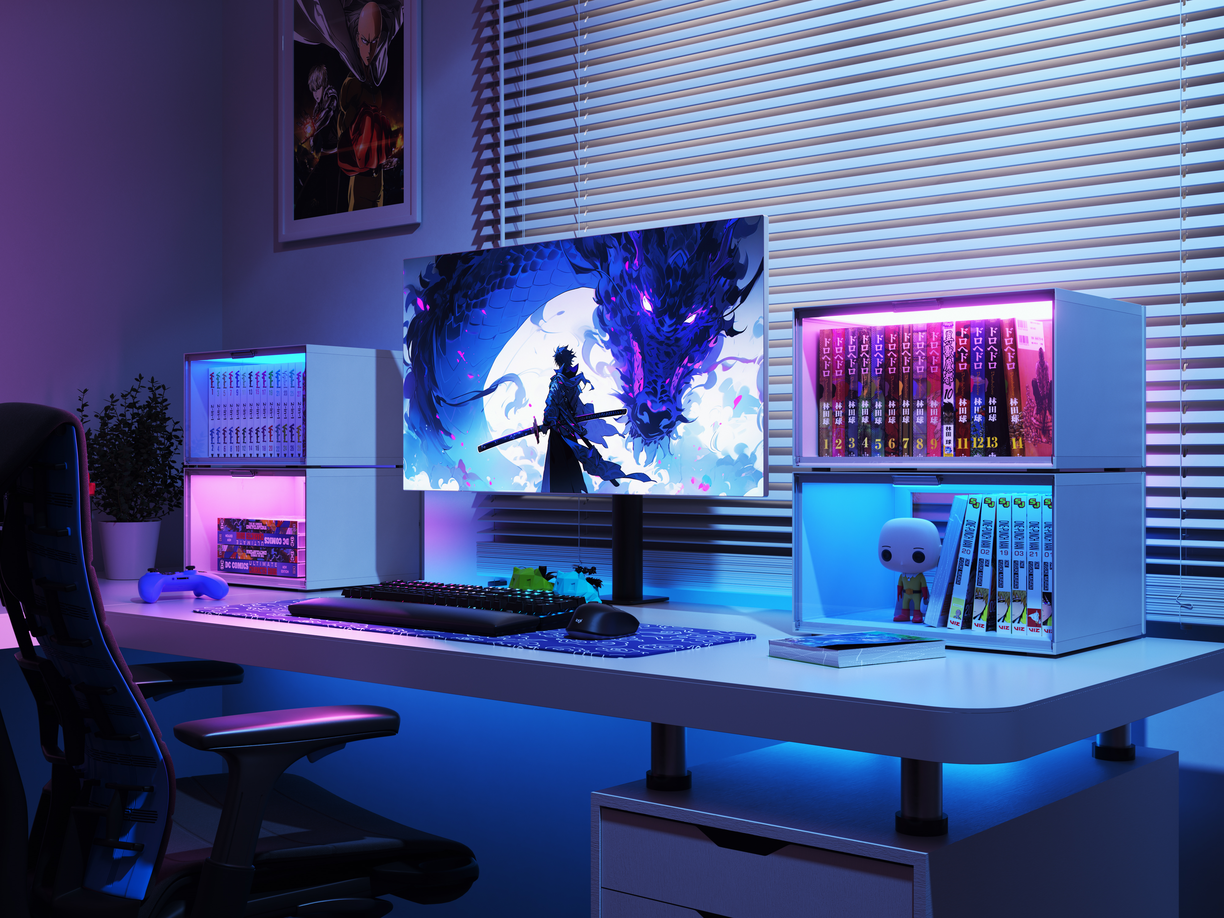 Beleuchteter Gaming-Schreibtisch mit Monitor, Anime-Hintergrund, Mangas und Regalen vor Jalousien.