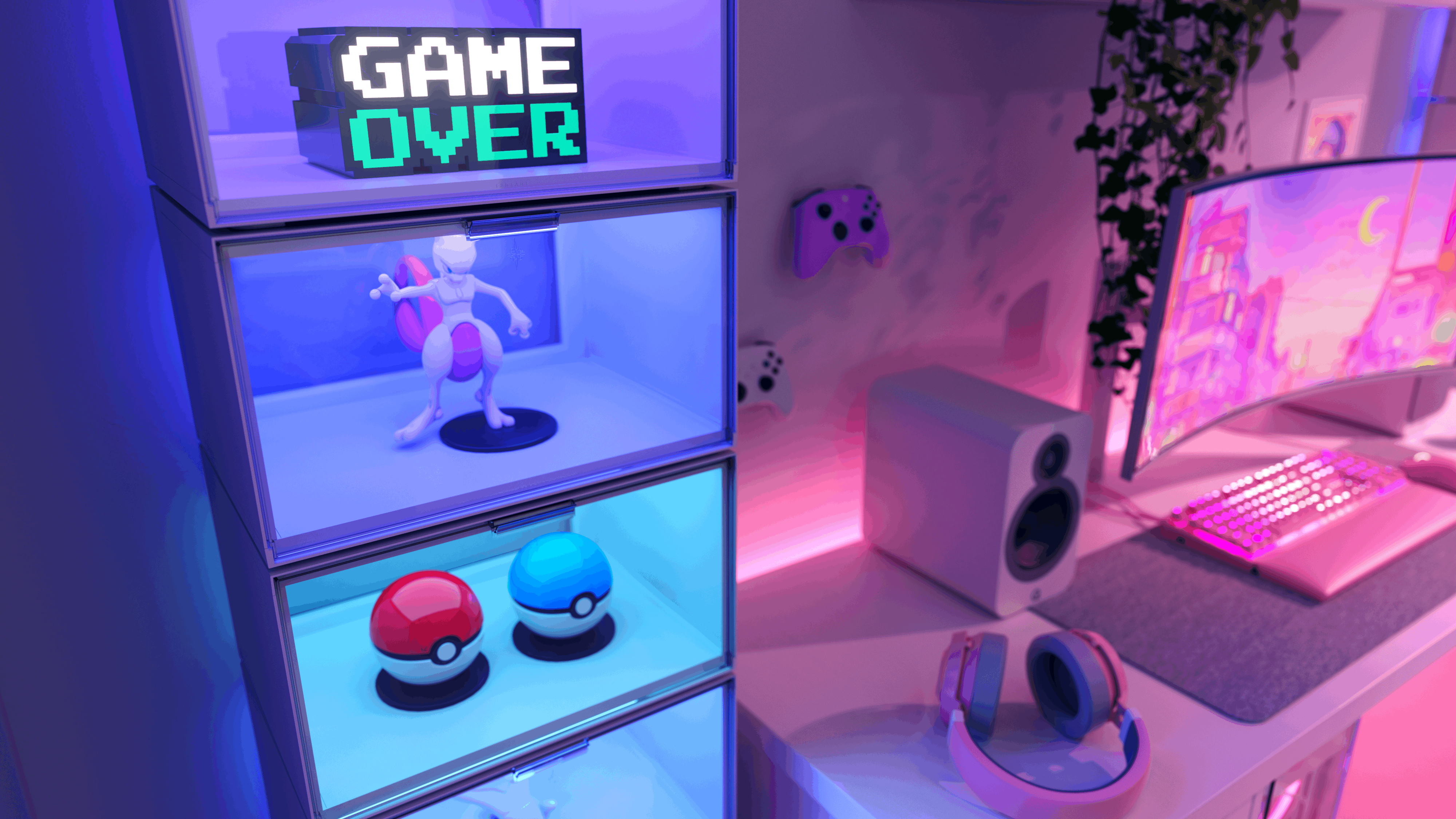 Ein Gaming-Setup mit beleuchteten Vitrinen, Game-Over-Schild, Mewtu-Figur und Pokéballs in blauem Licht.