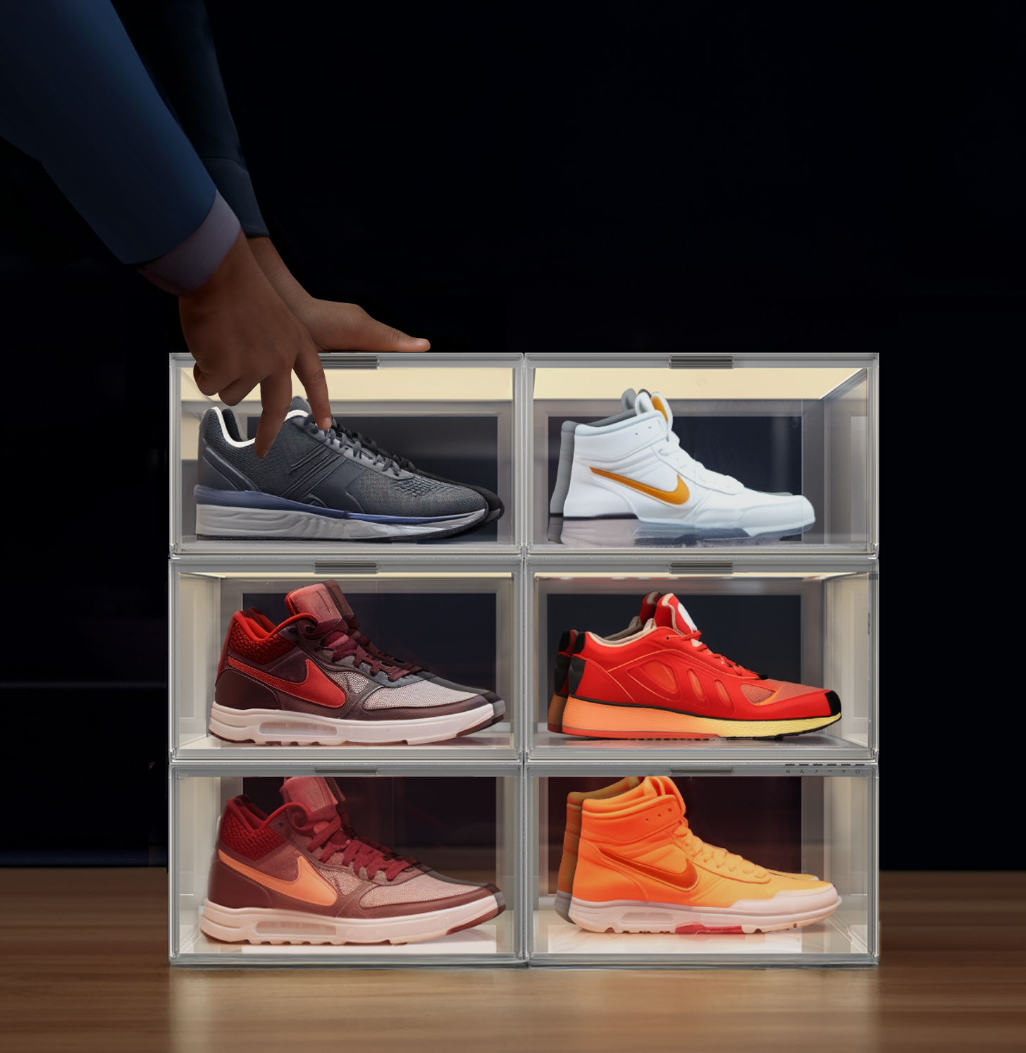 Eine Hand greift nach einem grauen Sneaker in einer beleuchteten Acryl-Schuhbox, während weitere Schuhe ausgestellt sind.