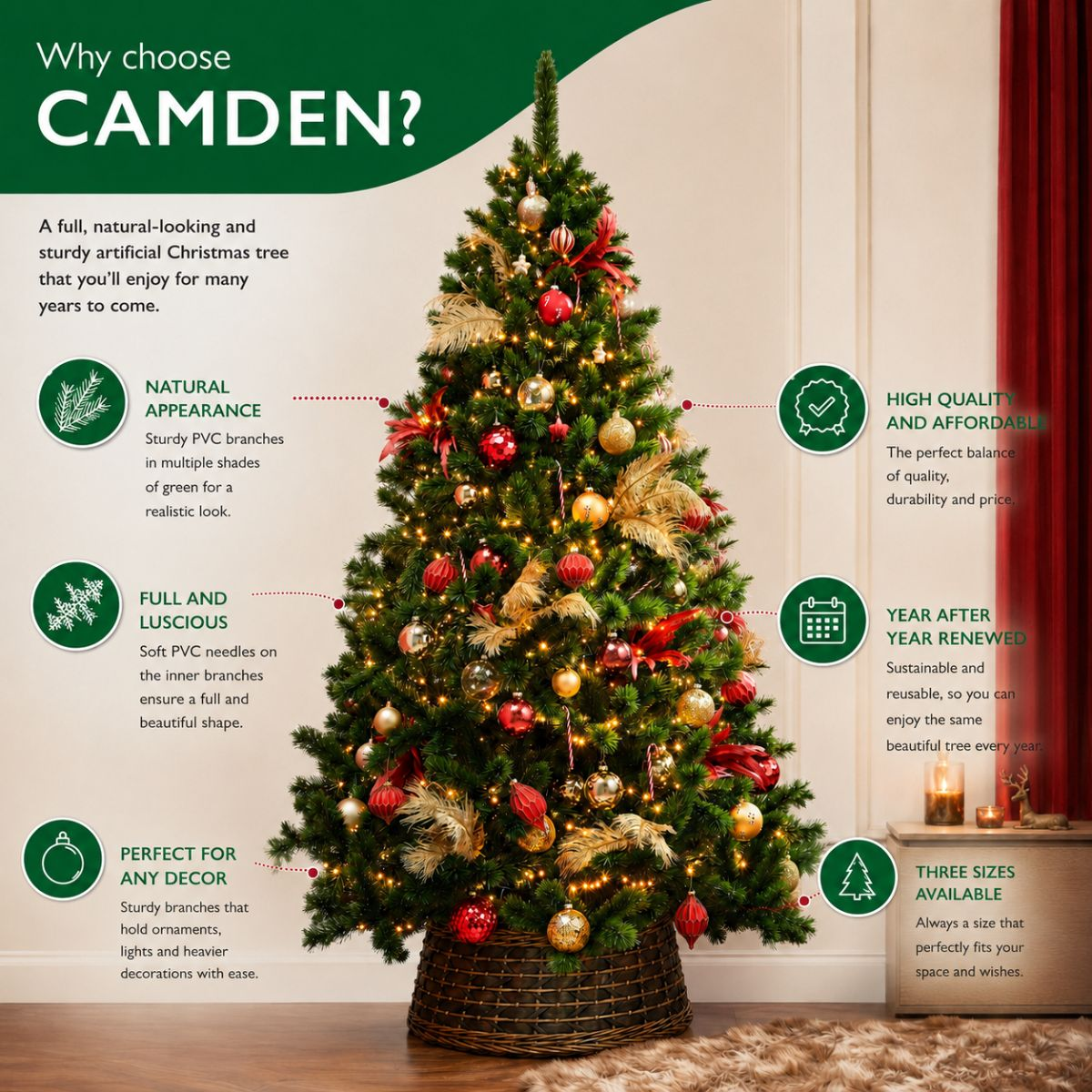 A fully decorated artificial Christmas tree in a basket, surrounded by promotional text about its features.