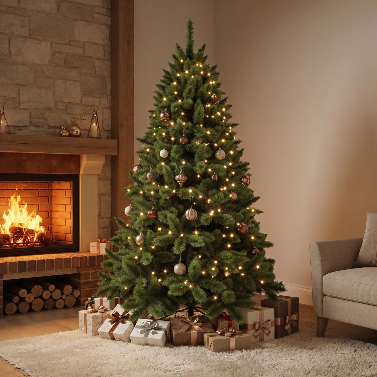 A decorated Christmas tree with lights stands in a living room next to a stone fireplace and a beige sofa.