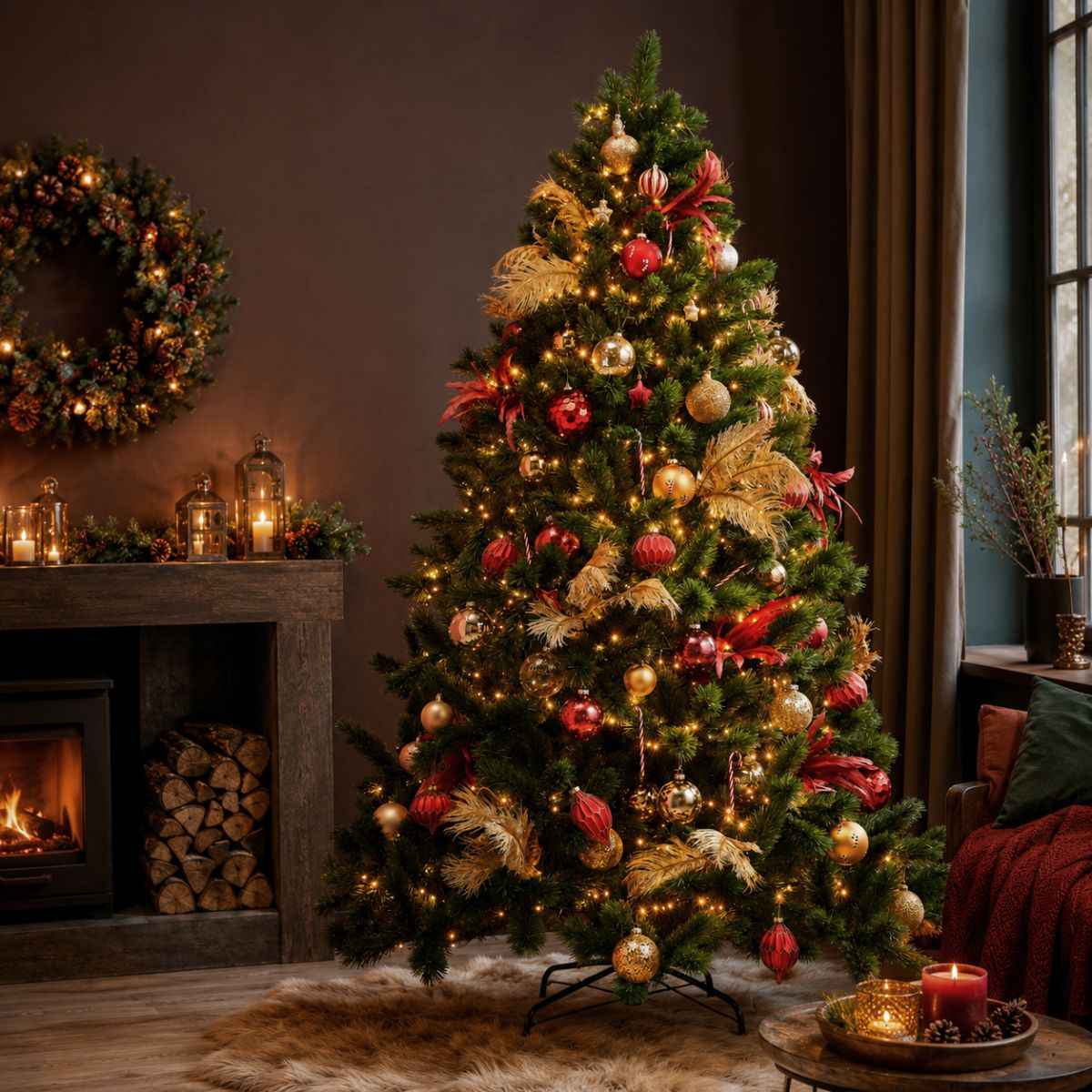 A decorated Christmas tree with lights, red and gold ornaments, and feathers stands indoors by a fireplace.