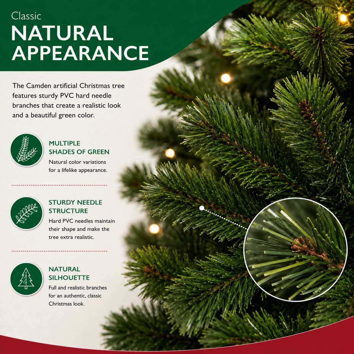 Close-up of artificial green Christmas tree branches with integrated lights and descriptive text features.