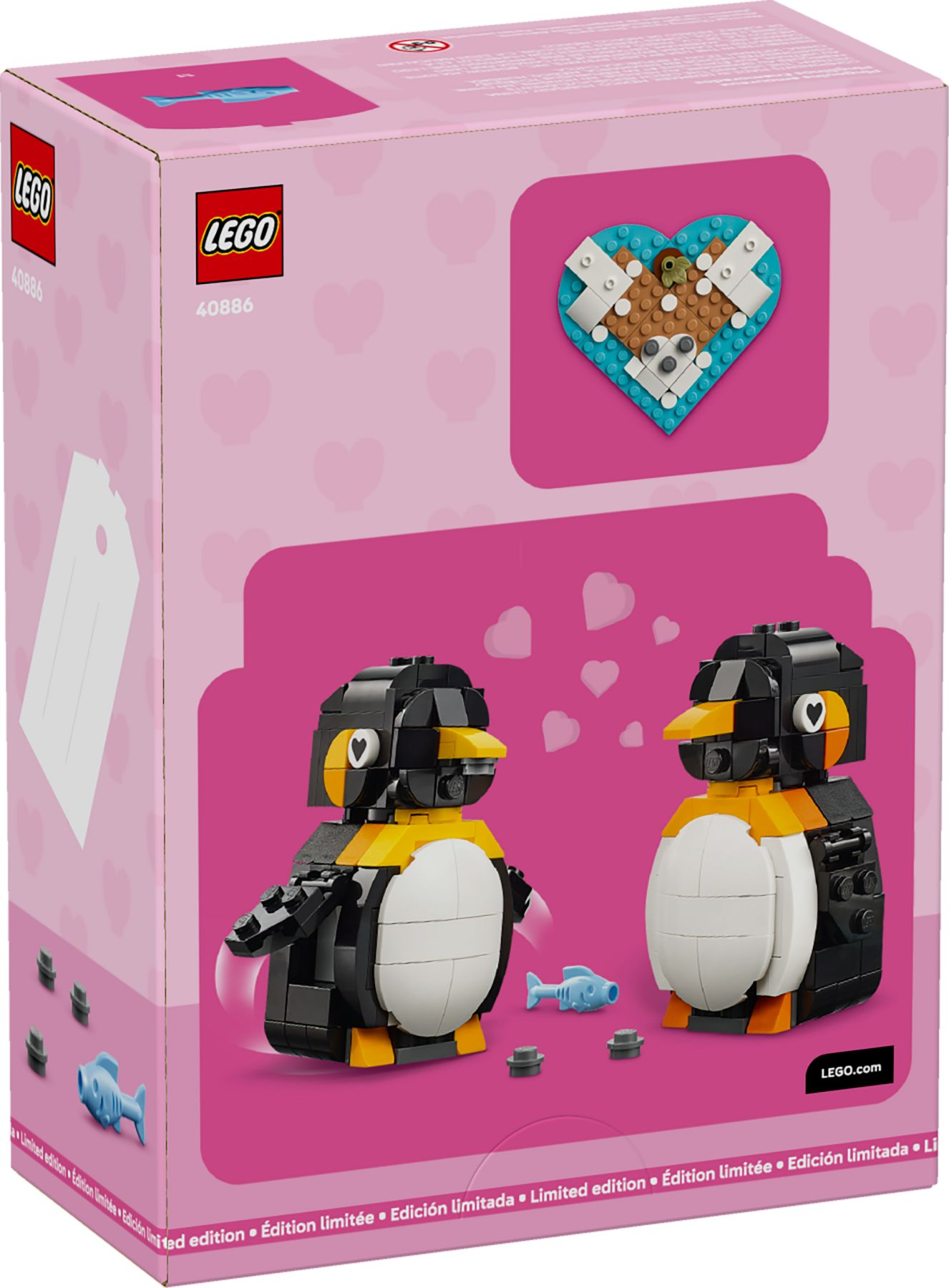 Rückseite der Lego-Schachtel mit zwei baugbaren Pinguinen auf rosa Hintergrund mit Herzen.