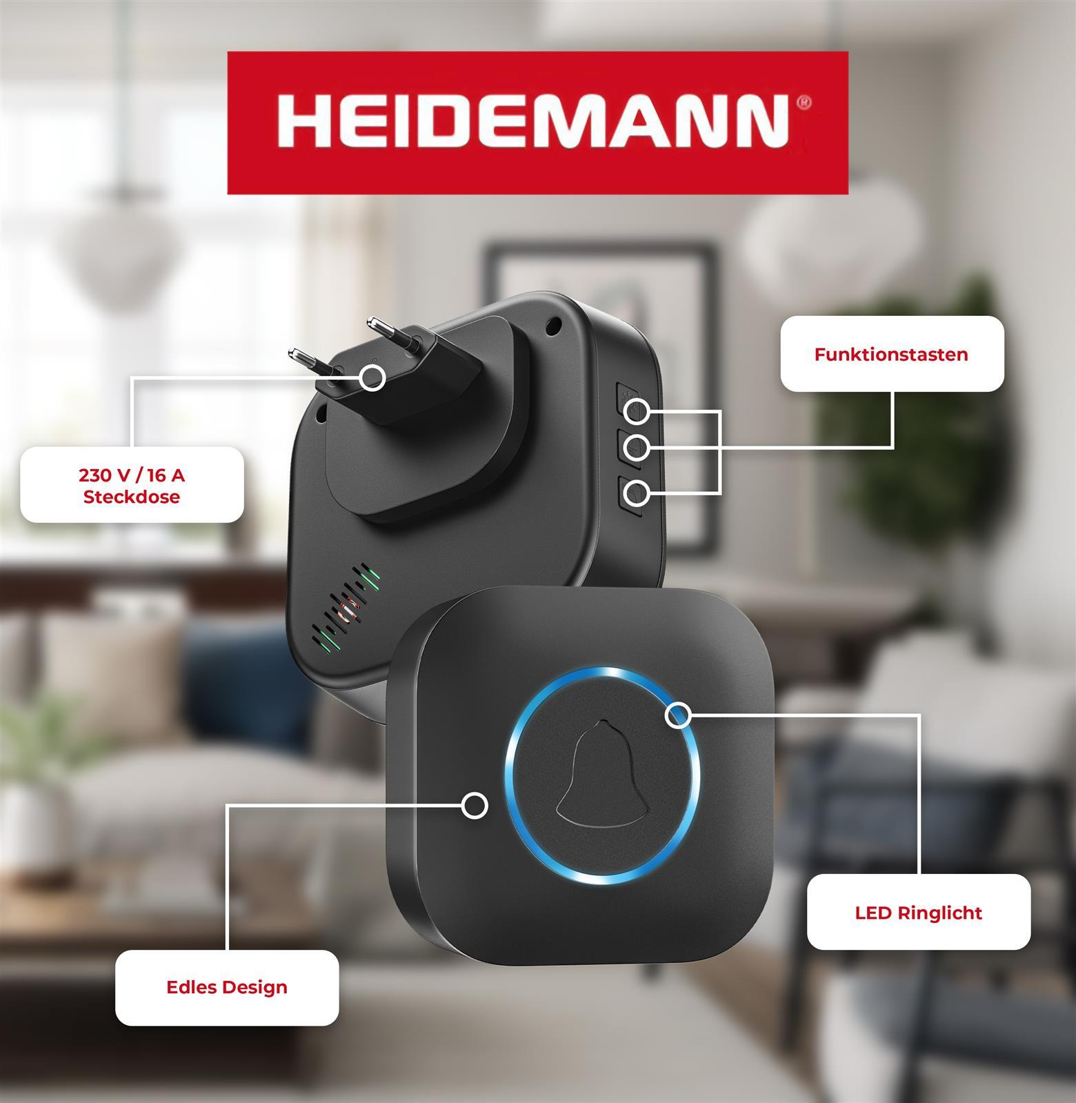 Schwarze Heidemann Klingel mit LED-Ringlicht und Funktions-tasten vor verschwommenem Raum.